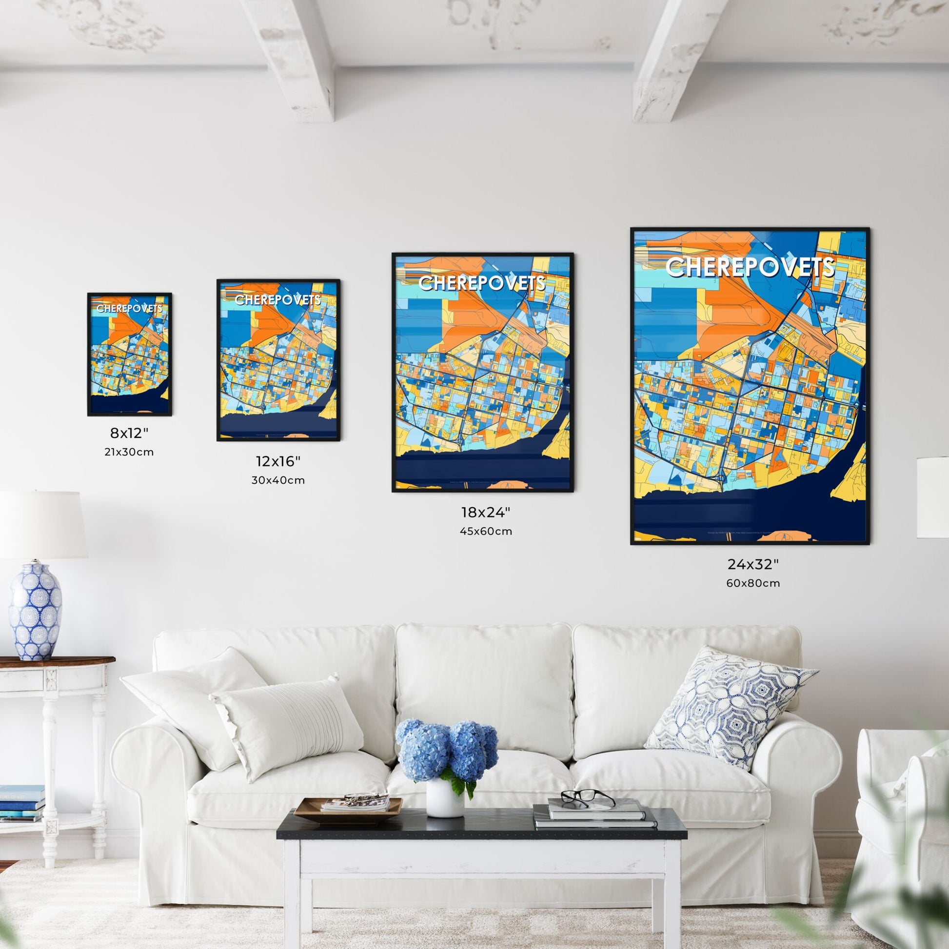 CHEREPOVETS RUSSIA Vibrant Colorful Art Map Poster Blue Orange