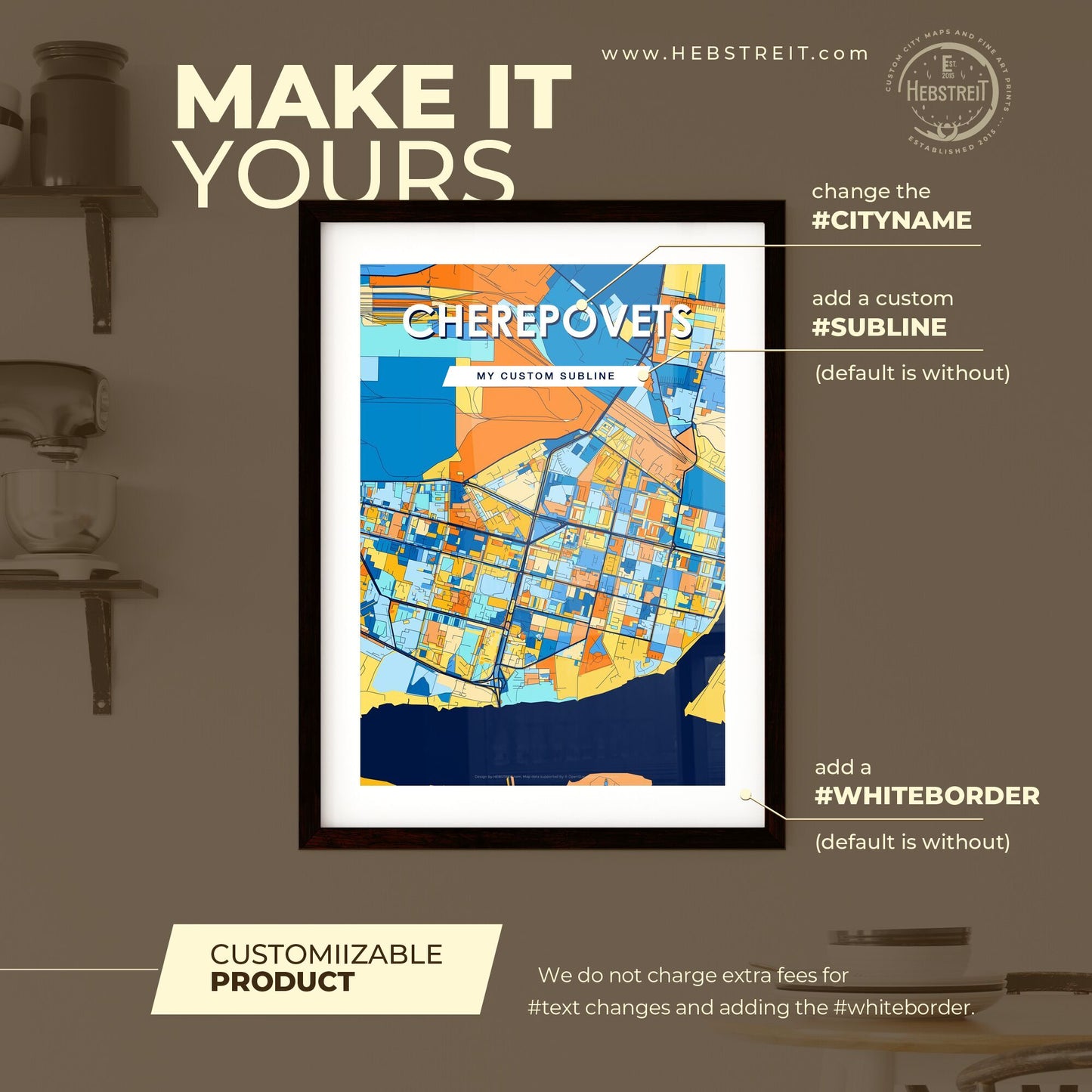 CHEREPOVETS RUSSIA Vibrant Colorful Art Map Poster Blue Orange