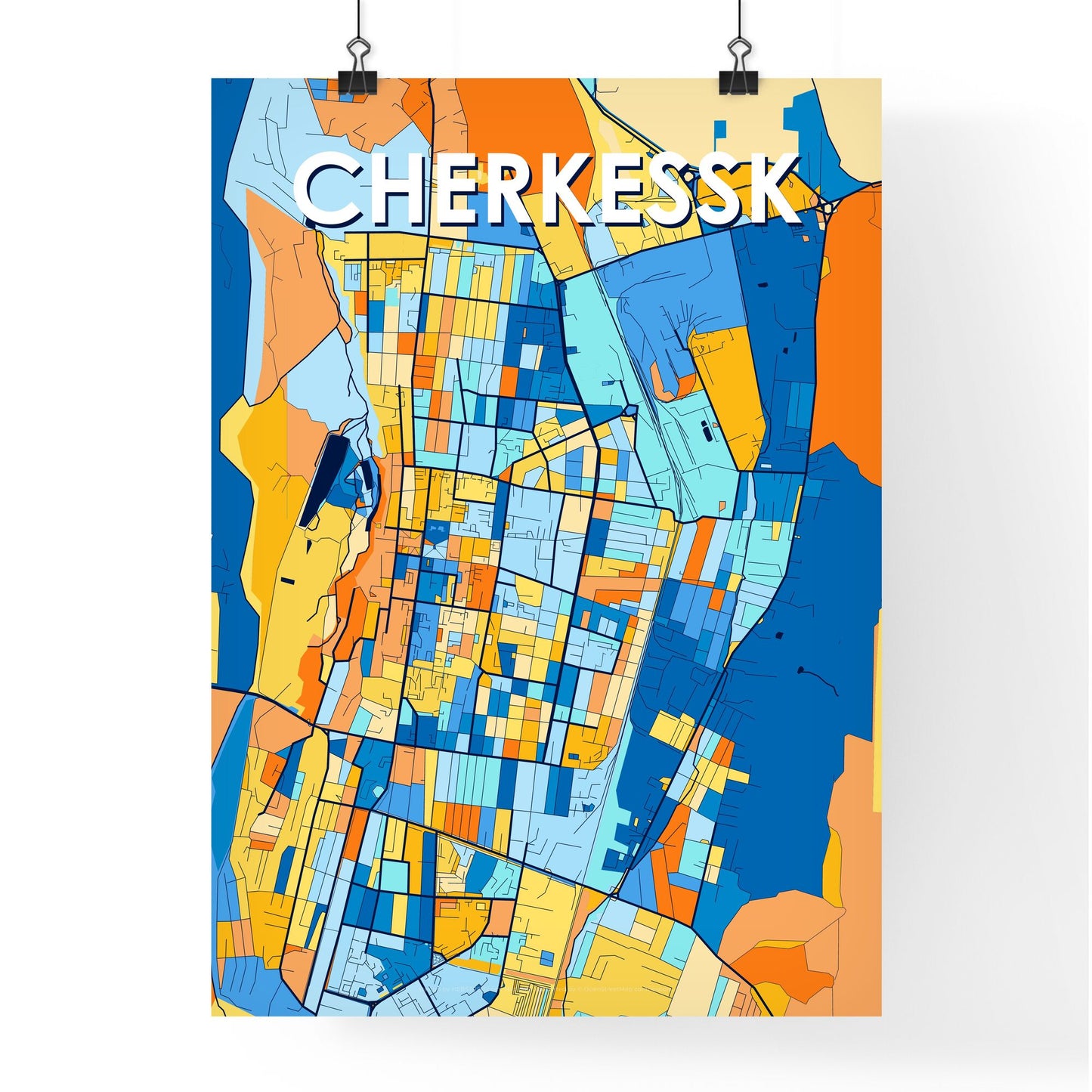 CHERKESSK RUSSIA Vibrant Colorful Art Map Poster Blue Orange