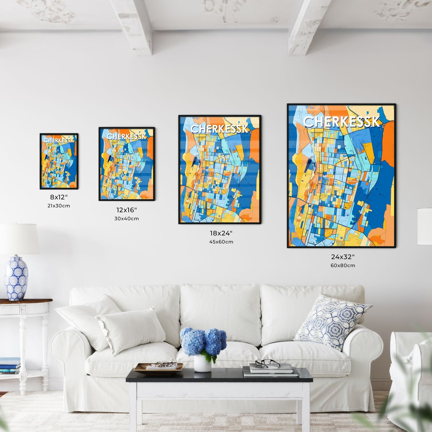 CHERKESSK RUSSIA Vibrant Colorful Art Map Poster Blue Orange