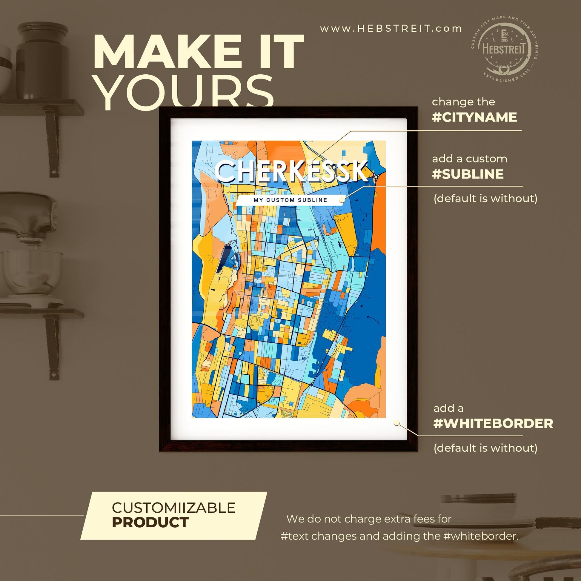 CHERKESSK RUSSIA Vibrant Colorful Art Map Poster Blue Orange