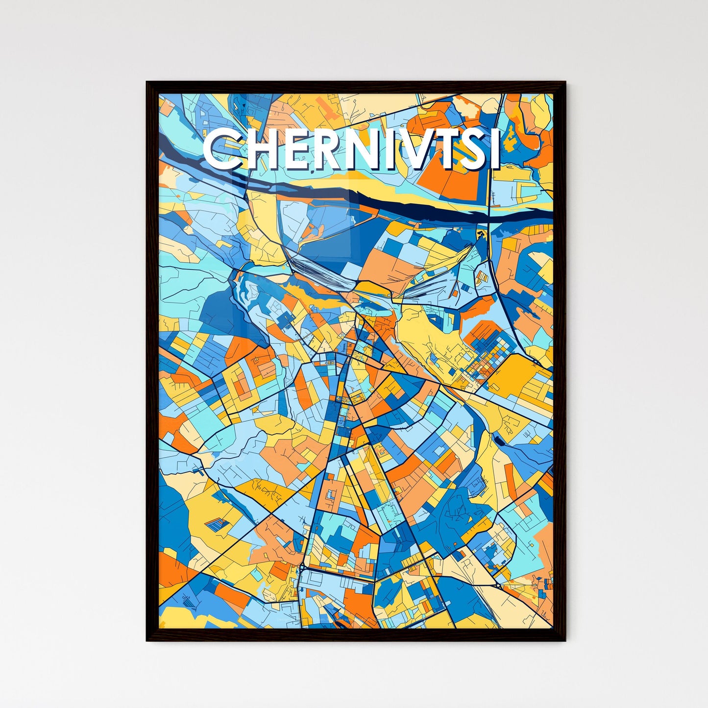 CHERNIVTSI UKRAINE Vibrant Colorful Art Map Poster Blue Orange