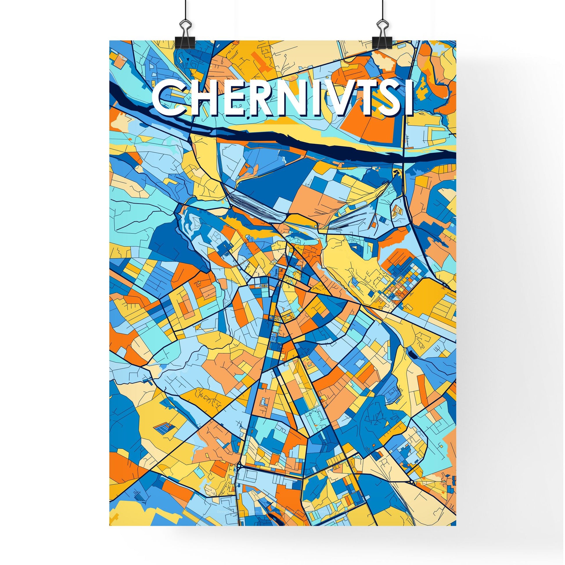 CHERNIVTSI UKRAINE Vibrant Colorful Art Map Poster Blue Orange