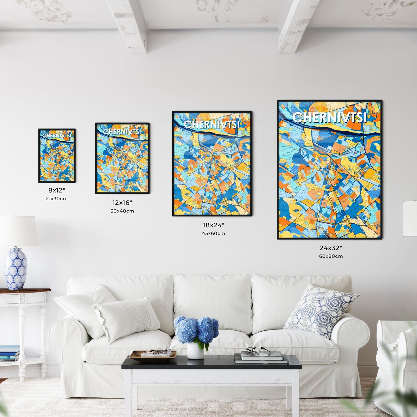 CHERNIVTSI UKRAINE Vibrant Colorful Art Map Poster Blue Orange