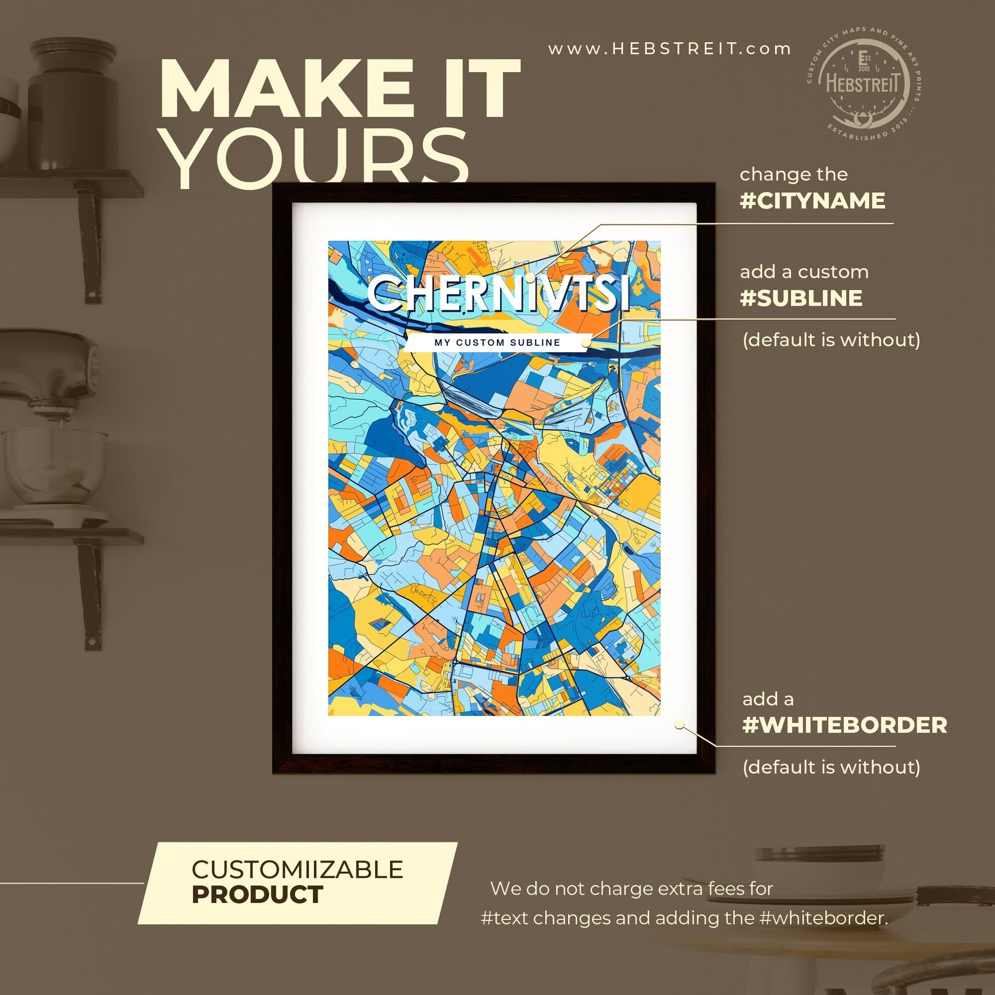 CHERNIVTSI UKRAINE Vibrant Colorful Art Map Poster Blue Orange