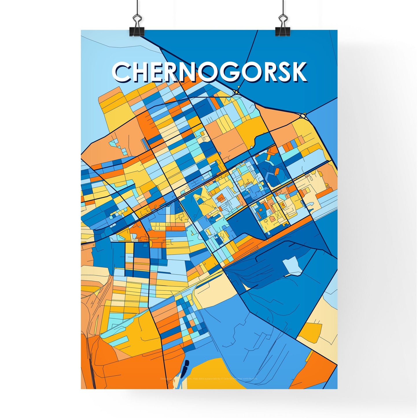 CHERNOGORSK RUSSIA Vibrant Colorful Art Map Poster Blue Orange
