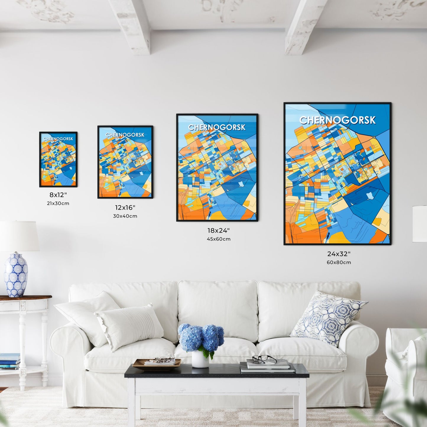 CHERNOGORSK RUSSIA Vibrant Colorful Art Map Poster Blue Orange