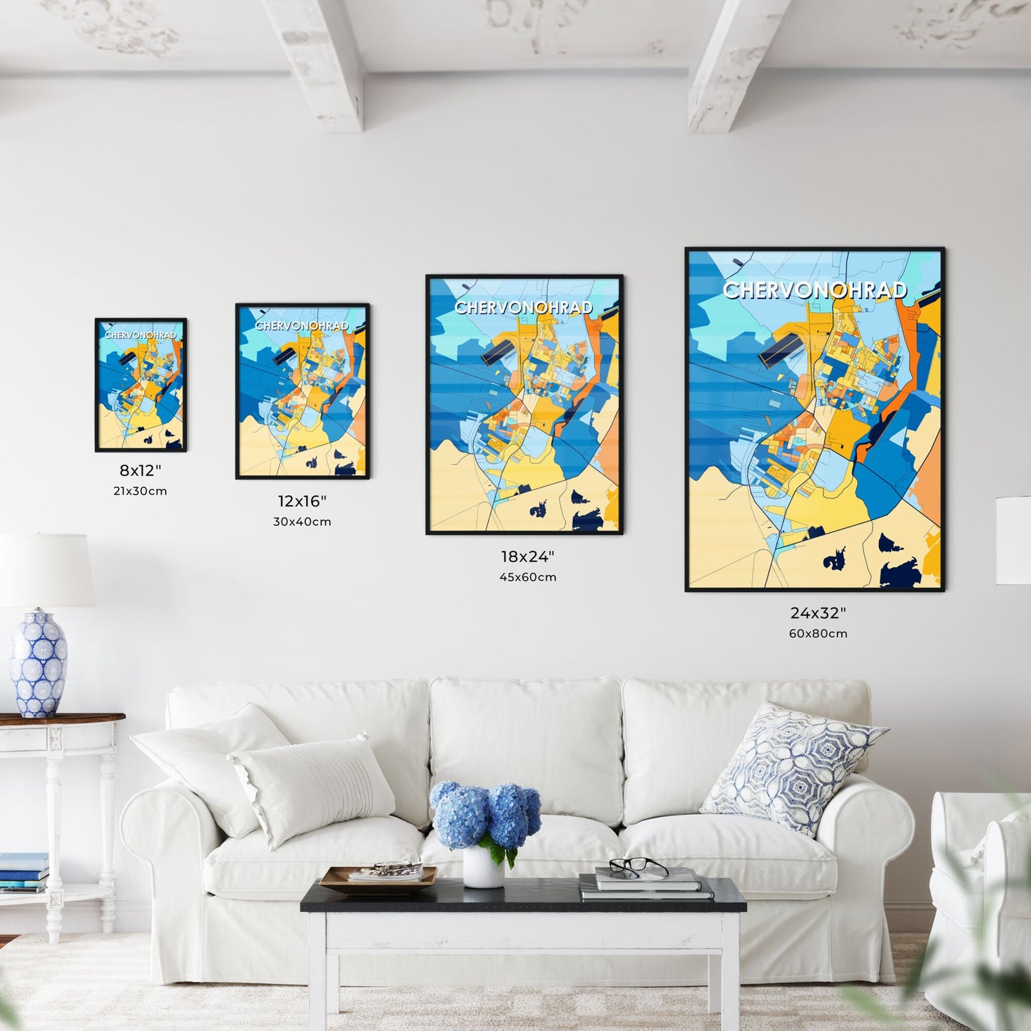 CHERVONOHRAD UKRAINE Vibrant Colorful Art Map Poster Blue Orange
