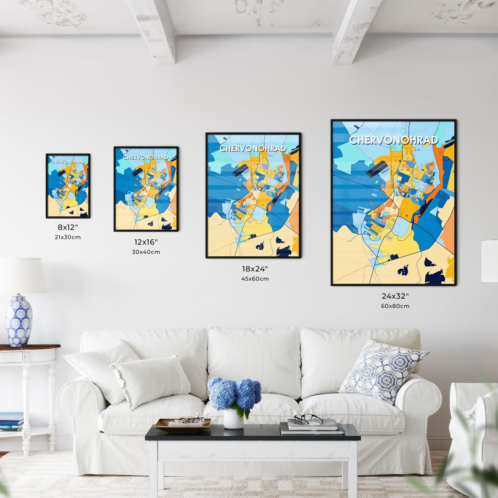 CHERVONOHRAD UKRAINE Vibrant Colorful Art Map Poster Blue Orange