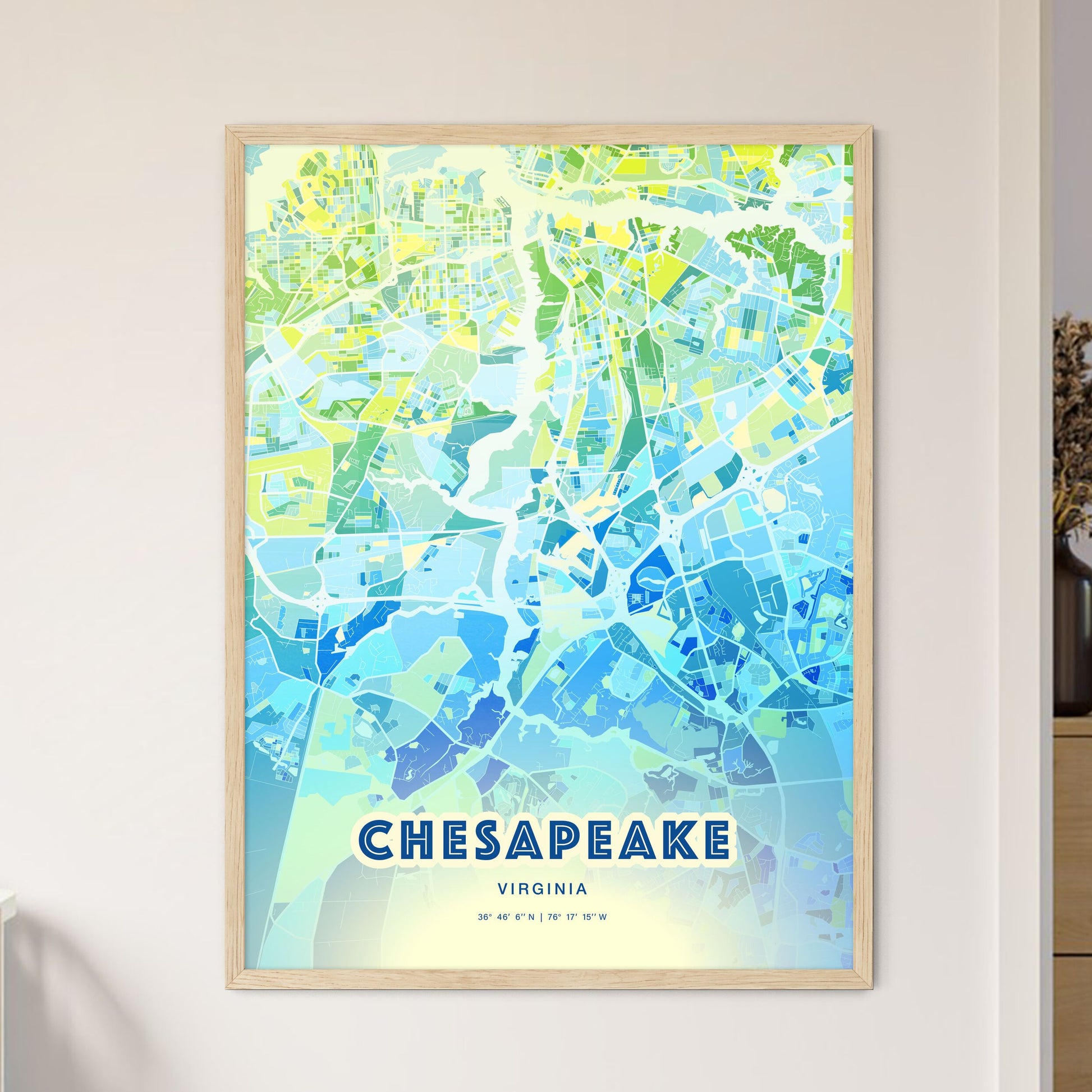 Colorful Chesapeake Virginia Fine Art Map Cool Blue