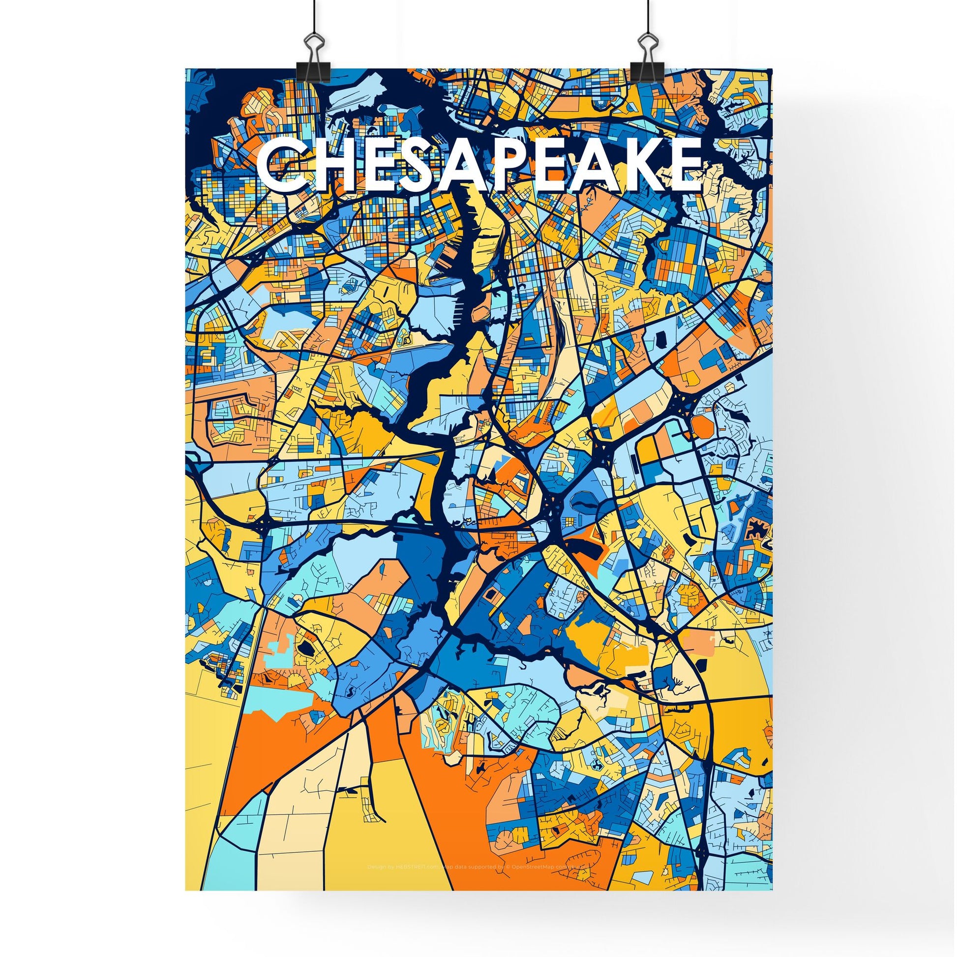 CHESAPEAKE VIRGINIA Vibrant Colorful Art Map Poster Blue Orange