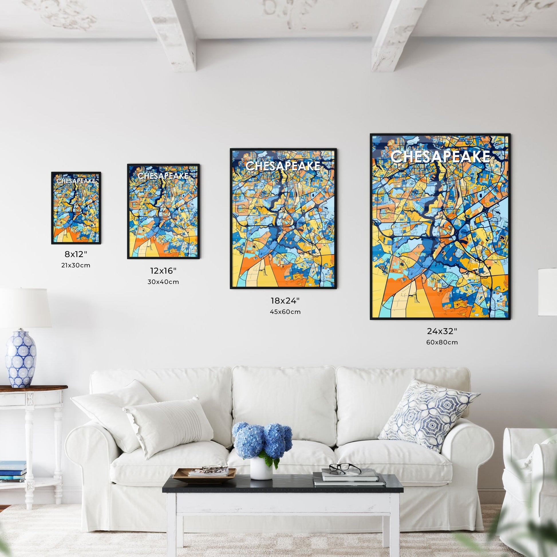 CHESAPEAKE VIRGINIA Vibrant Colorful Art Map Poster Blue Orange