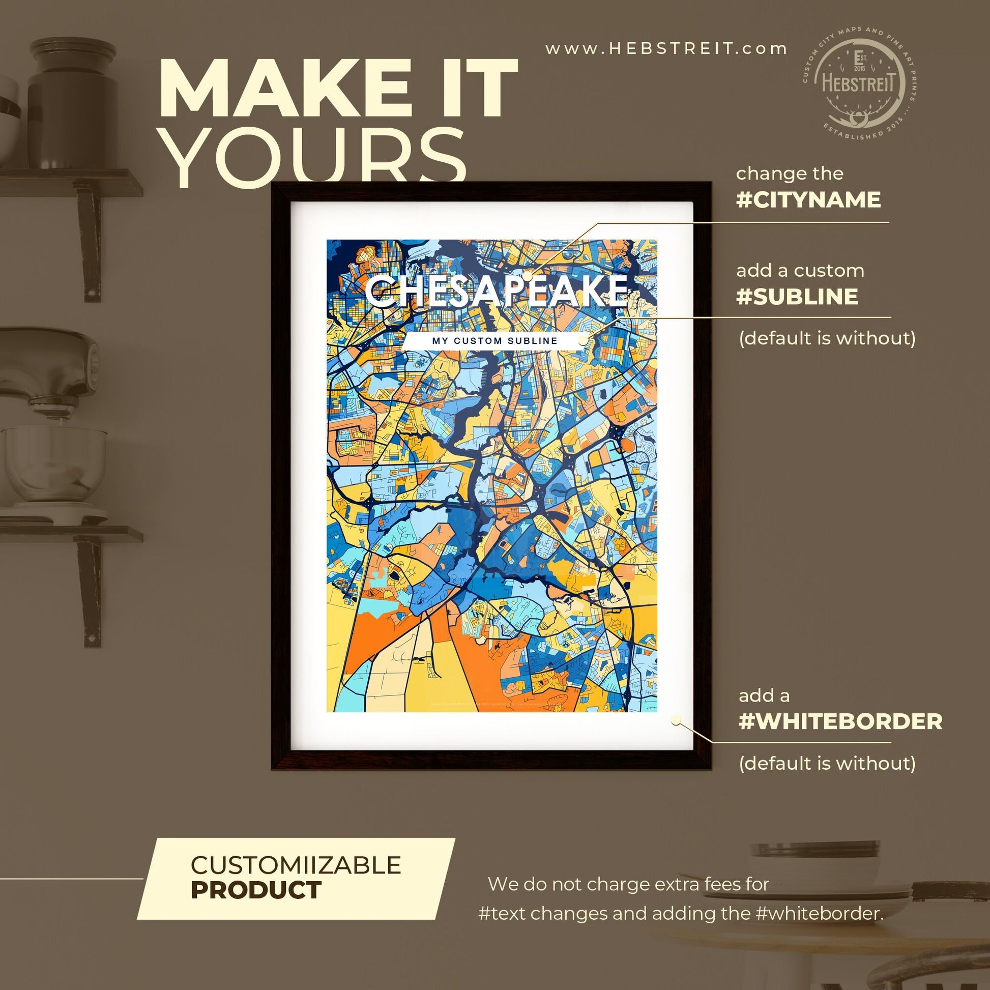 CHESAPEAKE VIRGINIA Vibrant Colorful Art Map Poster Blue Orange