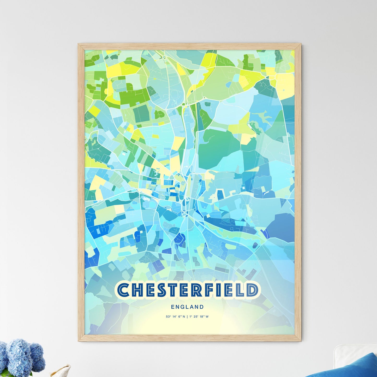 Colorful Chesterfield England Fine Art Map Cool Blue
