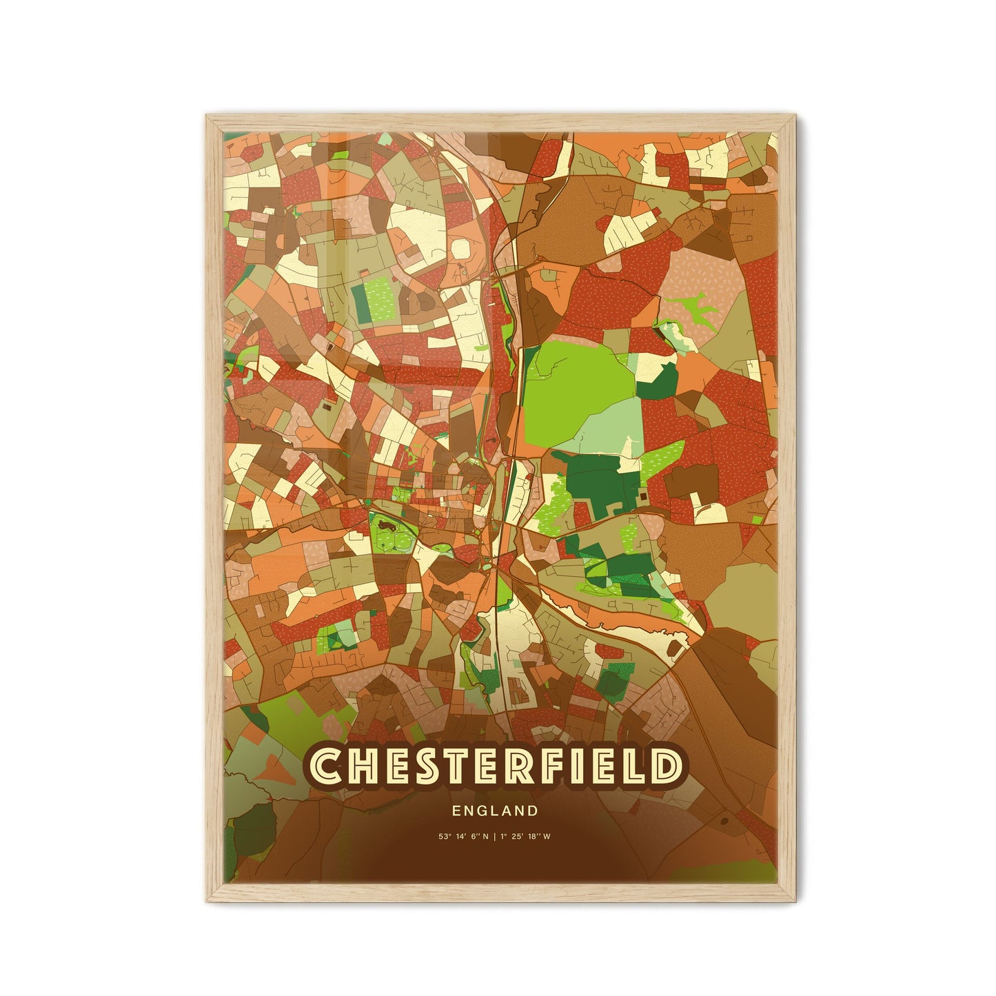 Colorful Chesterfield England Fine Art Map Farmhouse