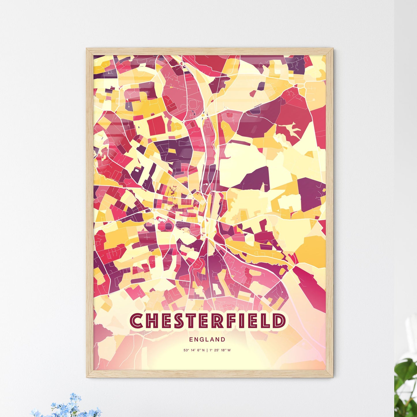 Colorful Chesterfield England Fine Art Map Hot Red