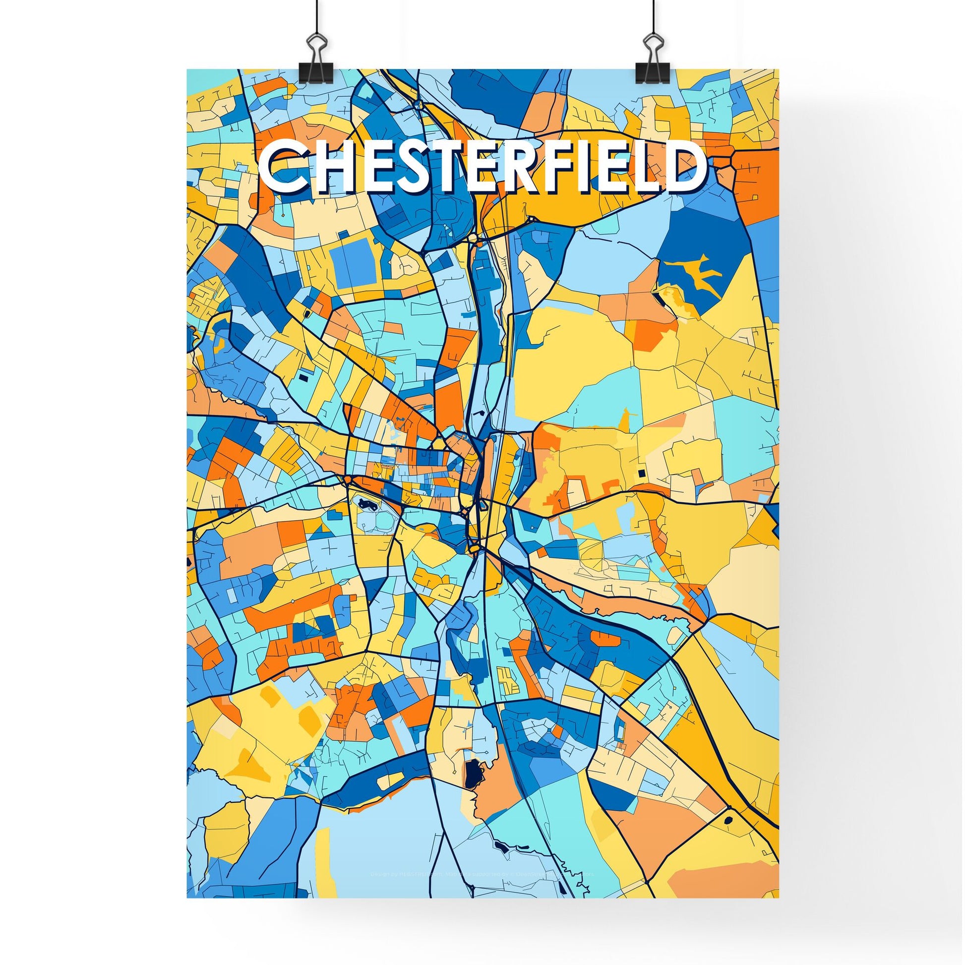 CHESTERFIELD ENGLAND Vibrant Colorful Art Map Poster Blue Orange