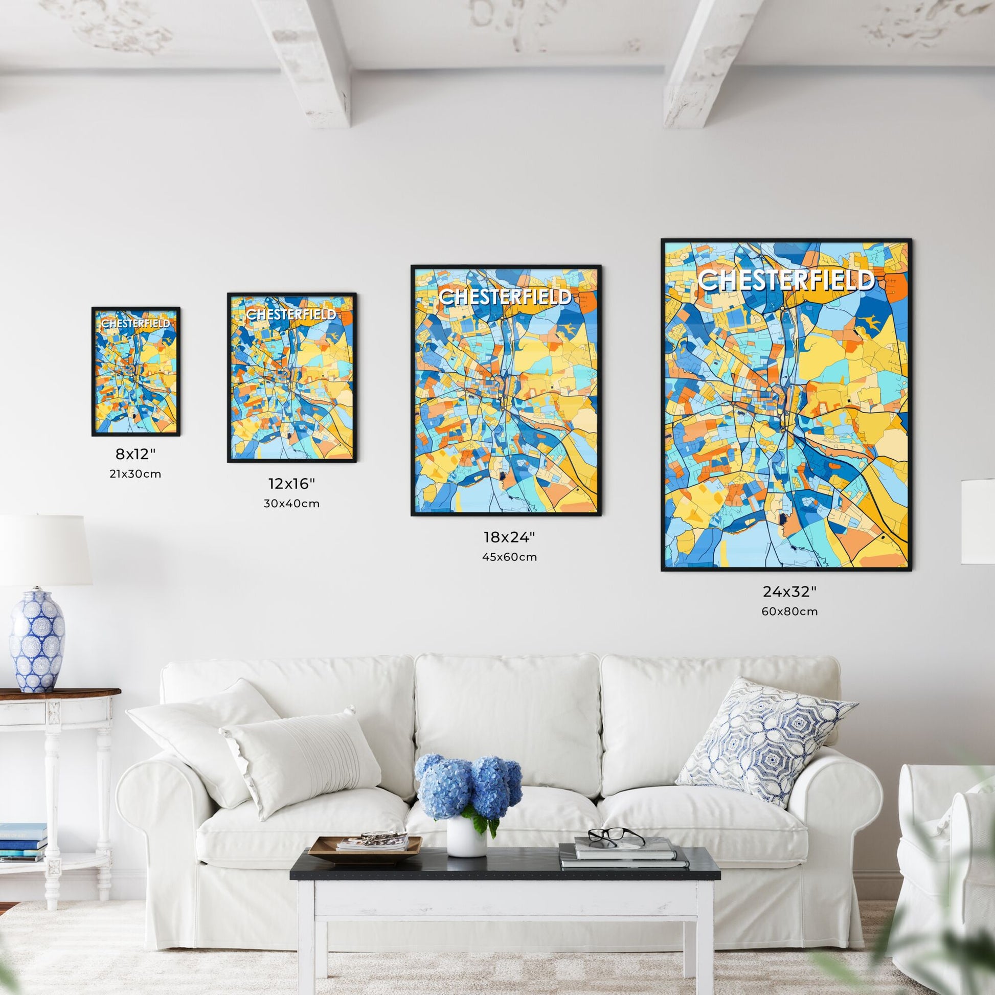 CHESTERFIELD ENGLAND Vibrant Colorful Art Map Poster Blue Orange
