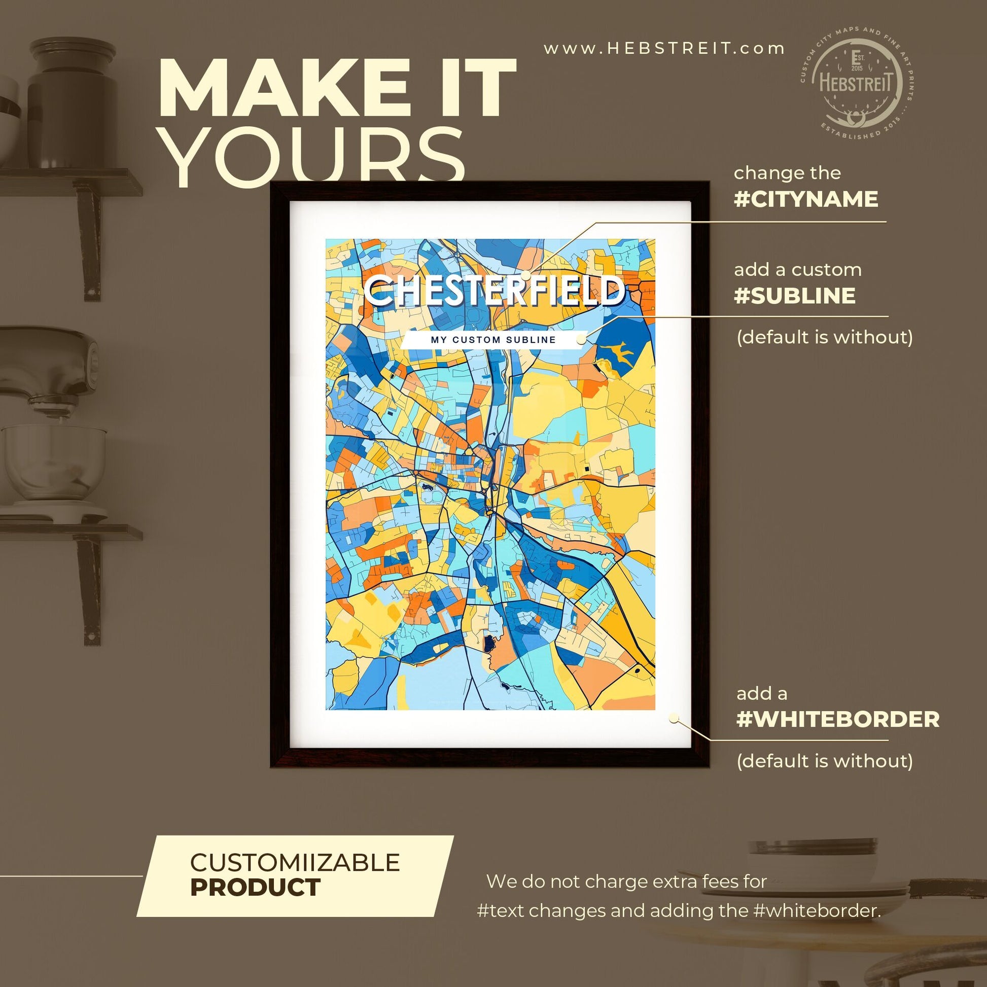 CHESTERFIELD ENGLAND Vibrant Colorful Art Map Poster Blue Orange