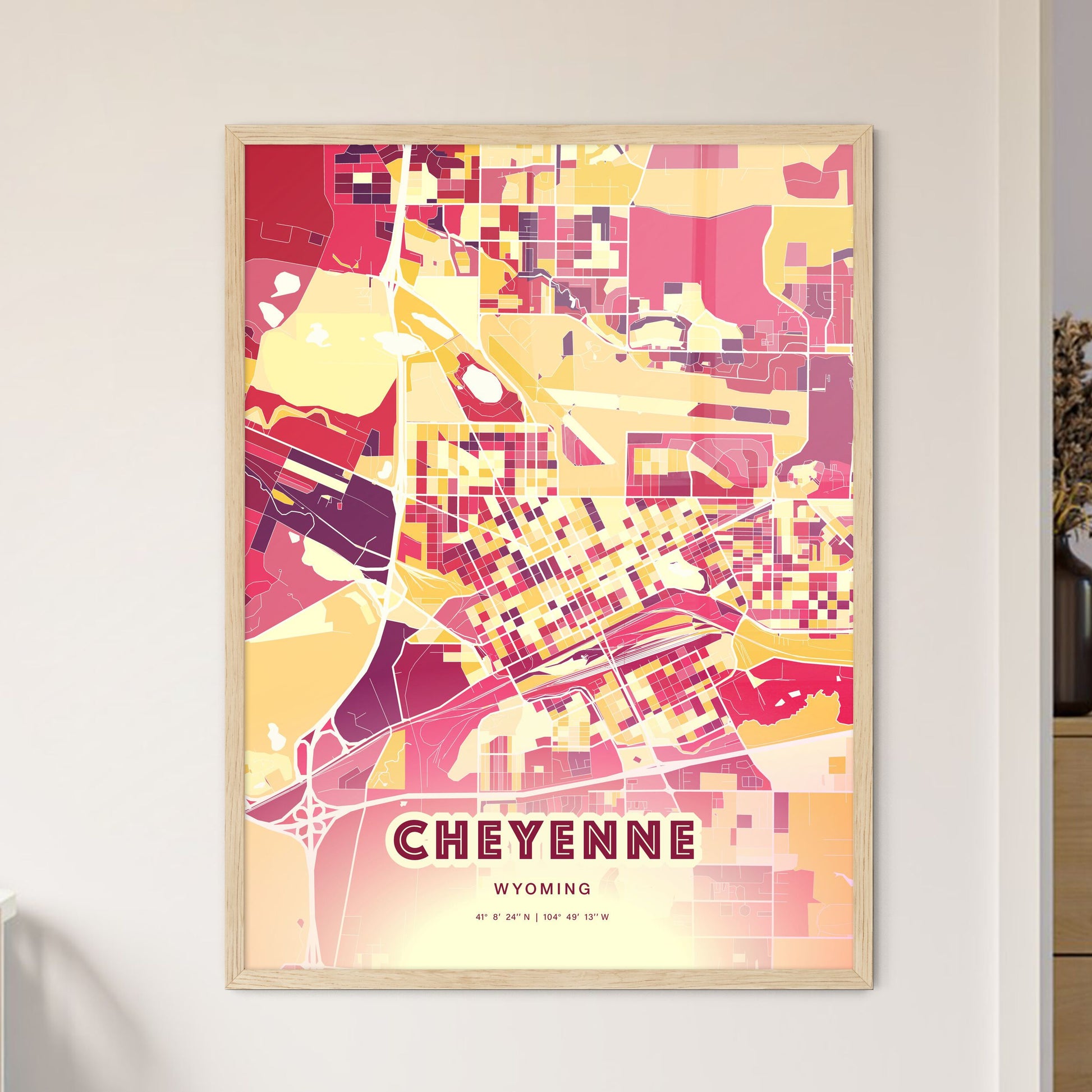 Colorful Cheyenne Wyoming Fine Art Map Hot Red
