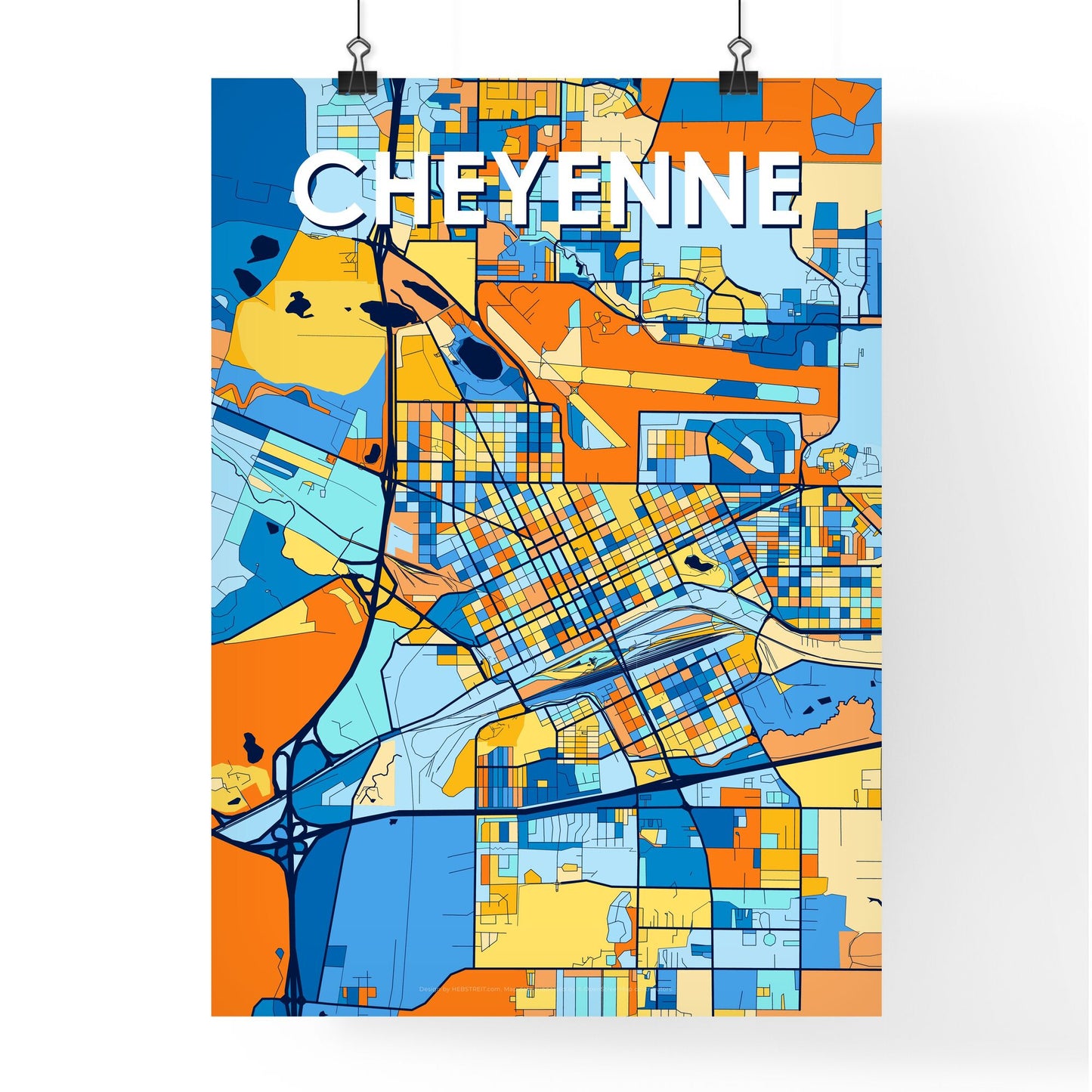 CHEYENNE WYOMING Vibrant Colorful Art Map Poster Blue Orange
