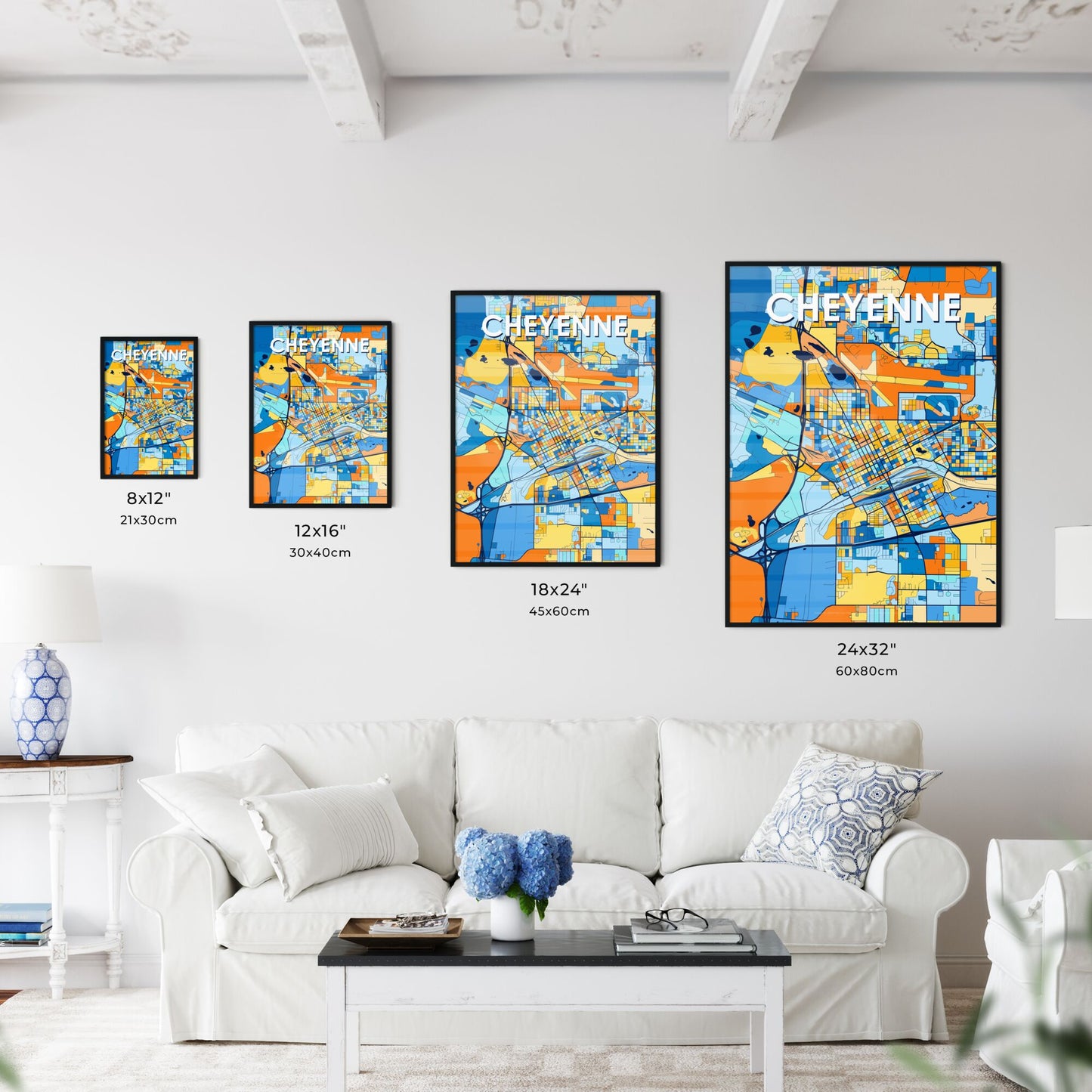 CHEYENNE WYOMING Vibrant Colorful Art Map Poster Blue Orange