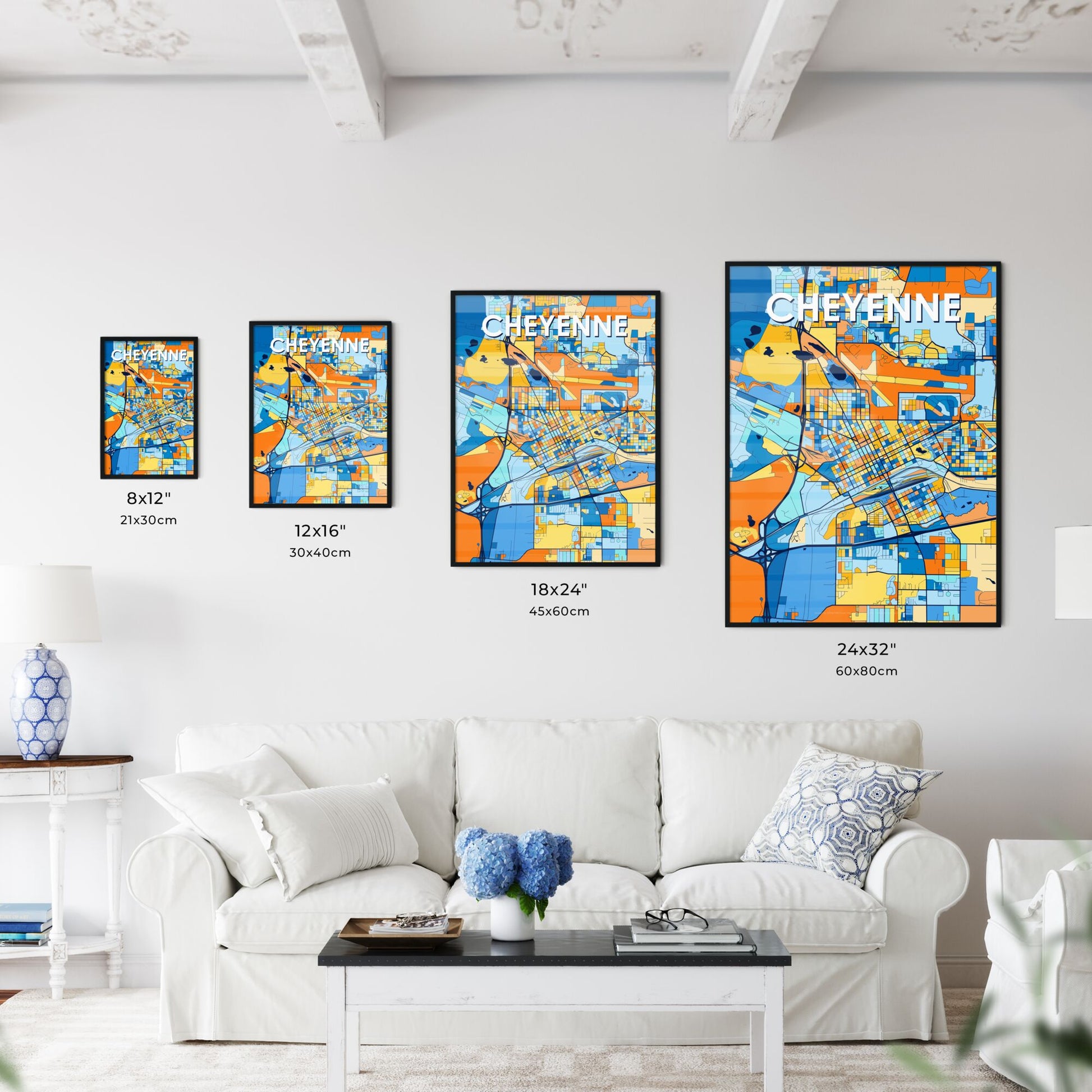 CHEYENNE WYOMING Vibrant Colorful Art Map Poster Blue Orange