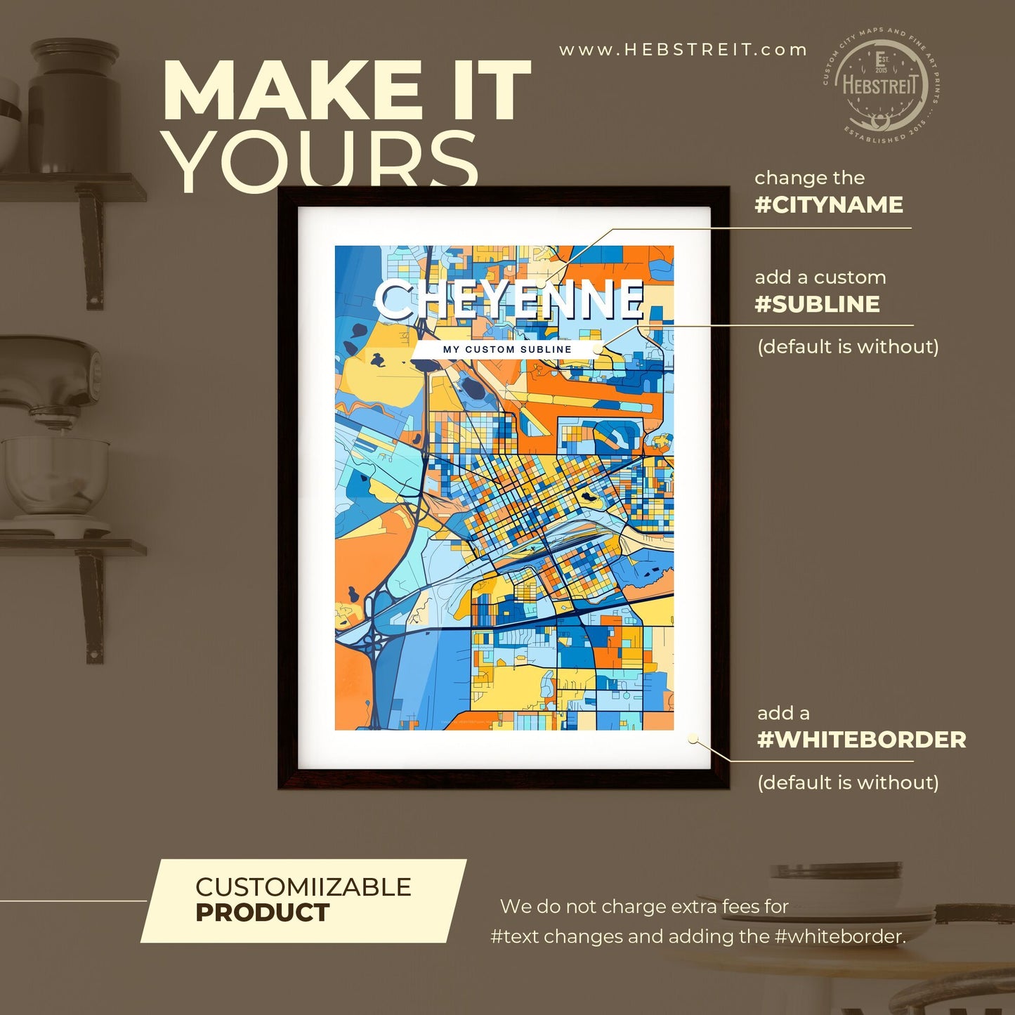 CHEYENNE WYOMING Vibrant Colorful Art Map Poster Blue Orange