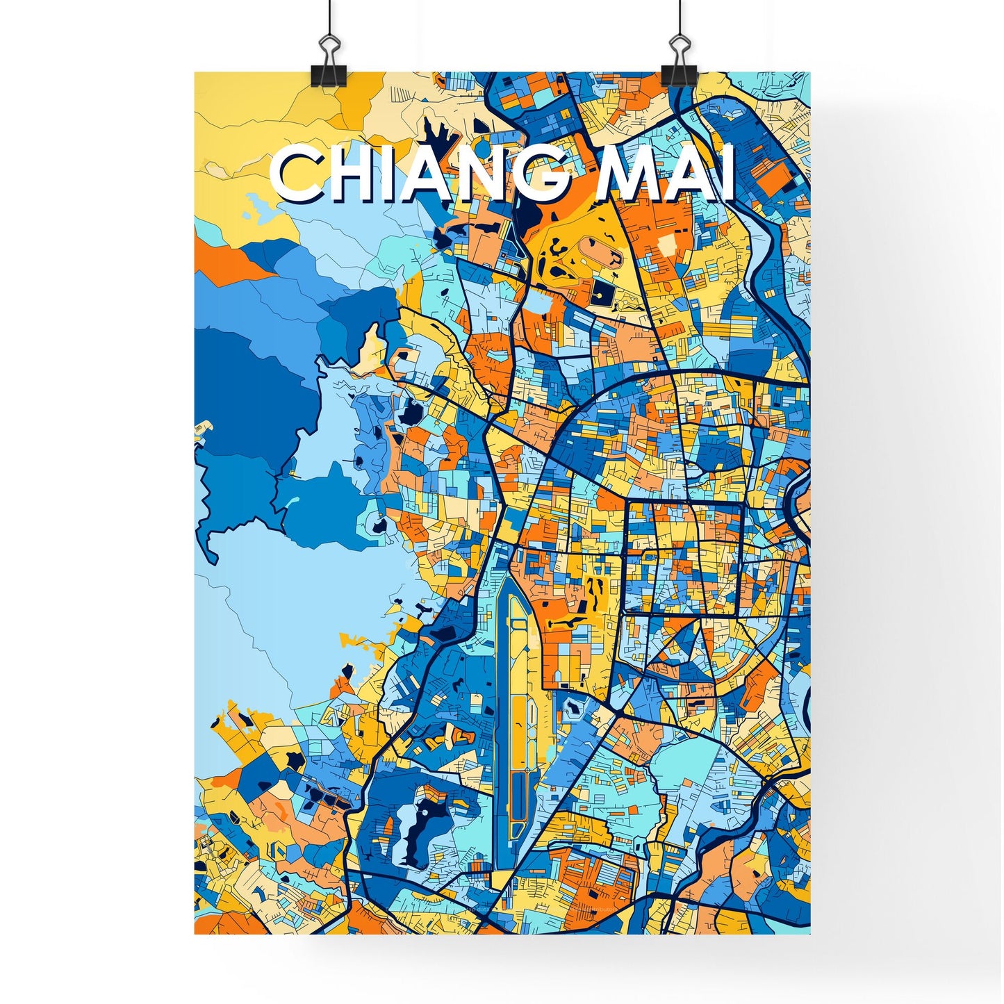 CHIANG MAI THAILAND Vibrant Colorful Art Map Poster Blue Orange