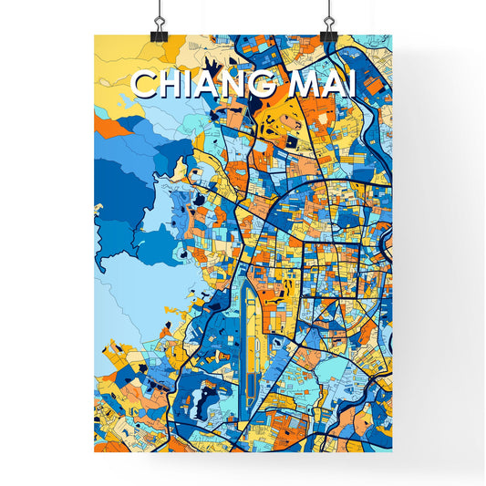CHIANG MAI THAILAND Vibrant Colorful Art Map Poster Blue Orange