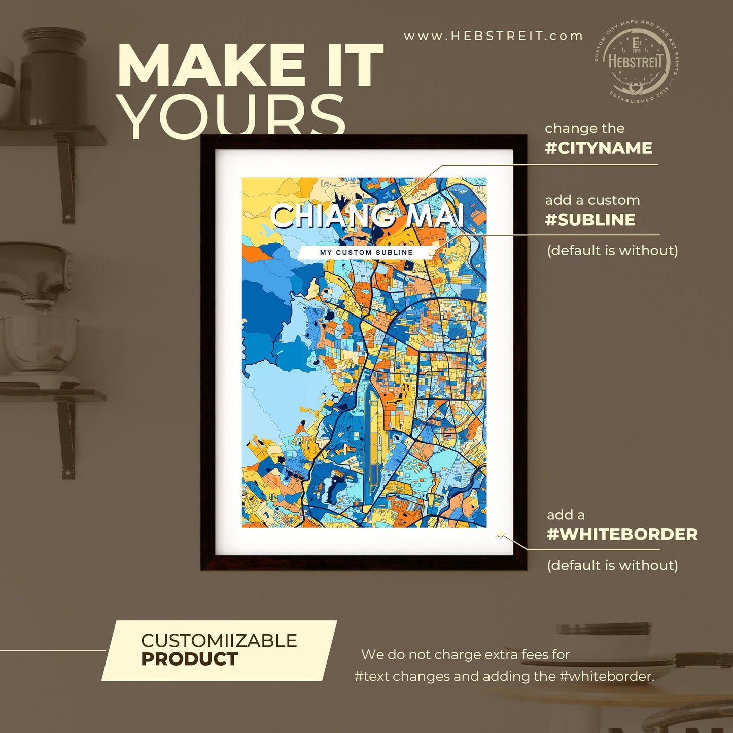 CHIANG MAI THAILAND Vibrant Colorful Art Map Poster Blue Orange