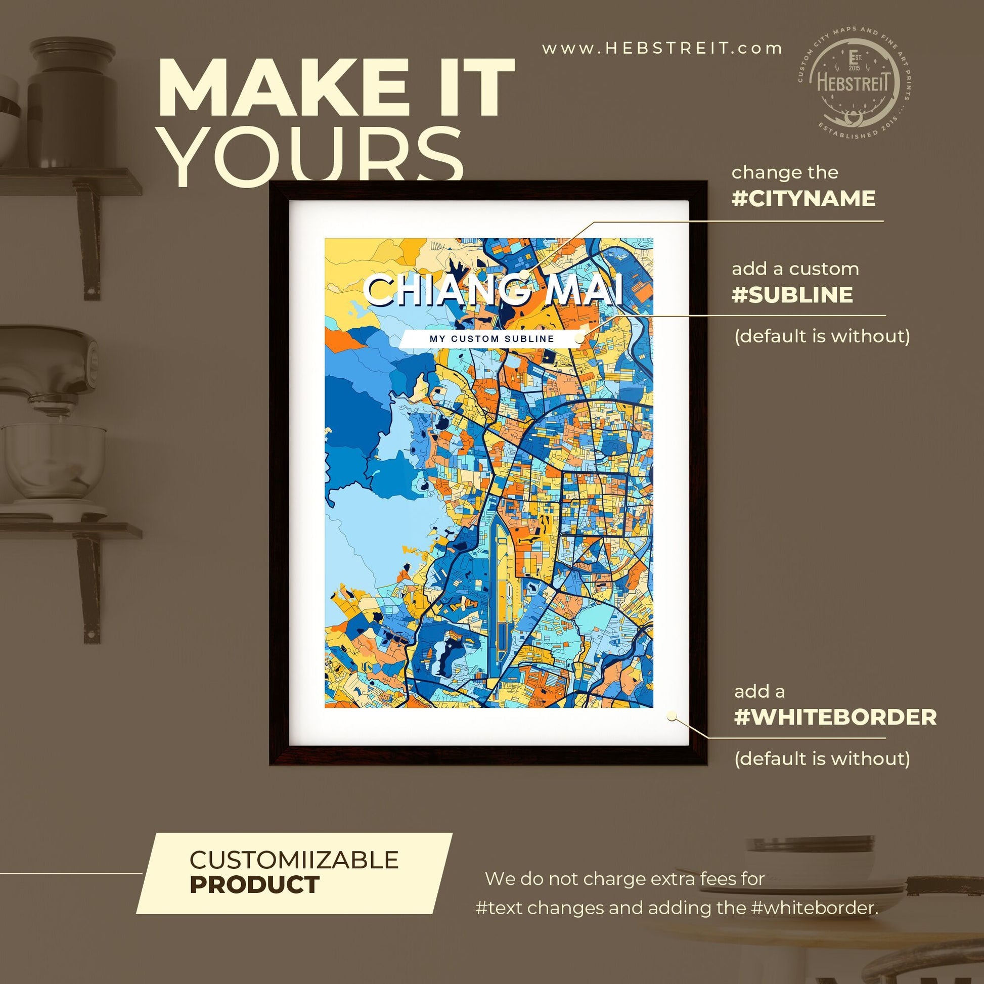 CHIANG MAI THAILAND Vibrant Colorful Art Map Poster Blue Orange