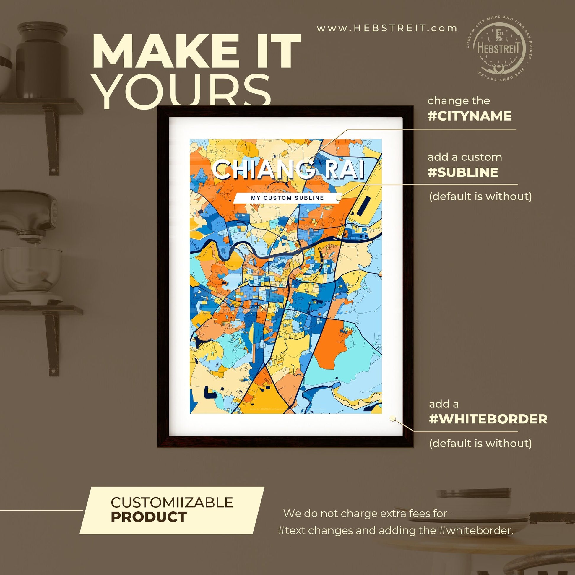 CHIANG RAI THAILAND Vibrant Colorful Art Map Poster Blue Orange