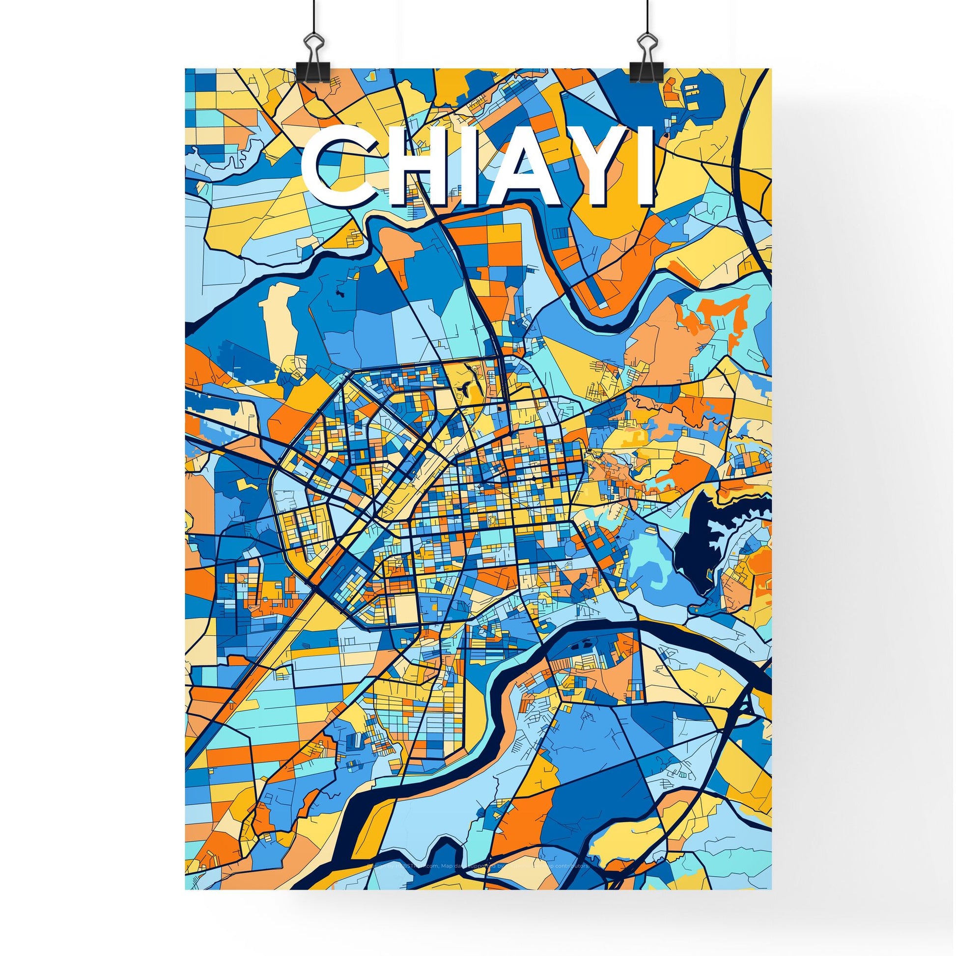 CHIAYI TAIWAN Vibrant Colorful Art Map Poster Blue Orange