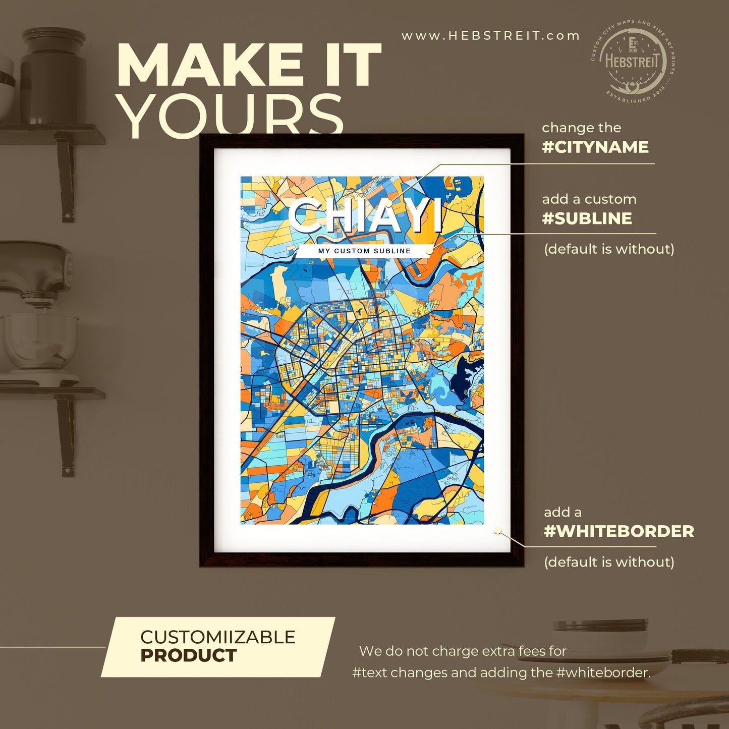 CHIAYI TAIWAN Vibrant Colorful Art Map Poster Blue Orange