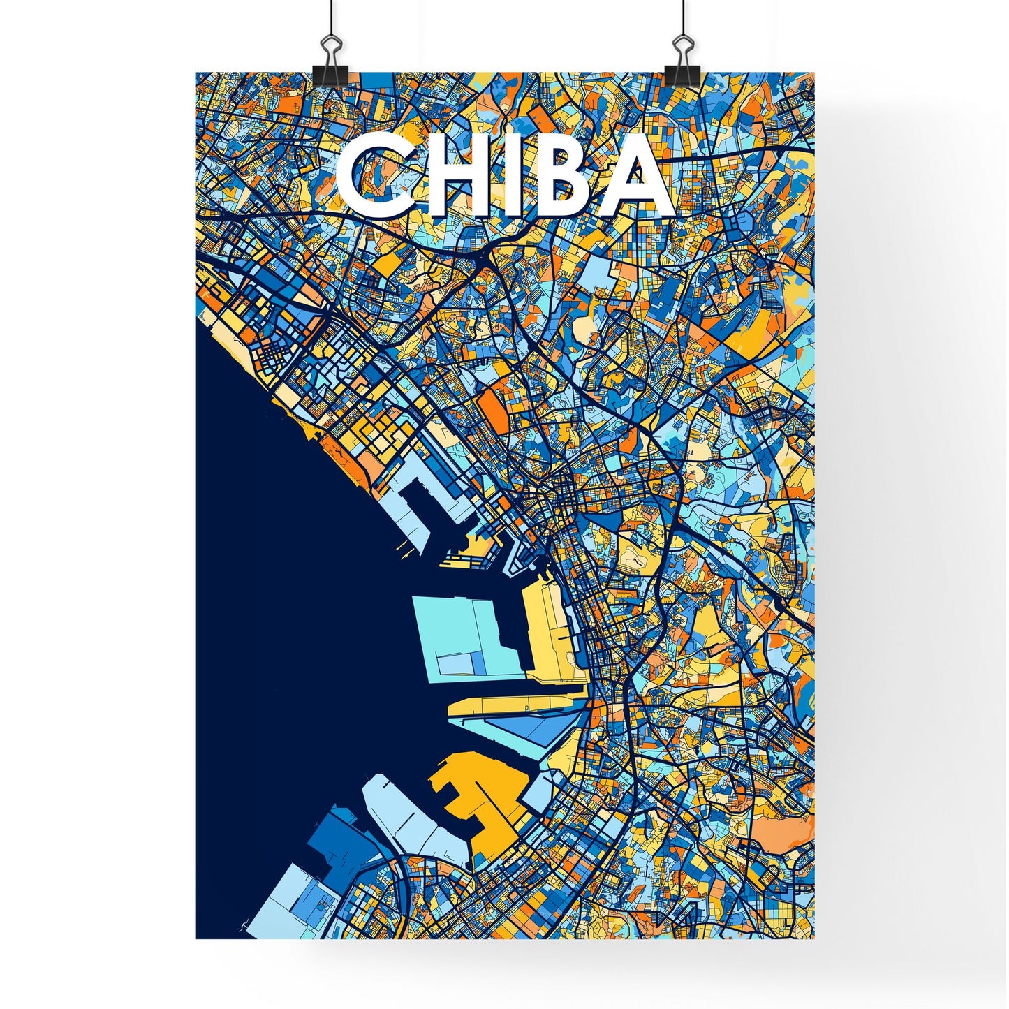 CHIBA JAPAN Vibrant Colorful Art Map Poster Blue Orange