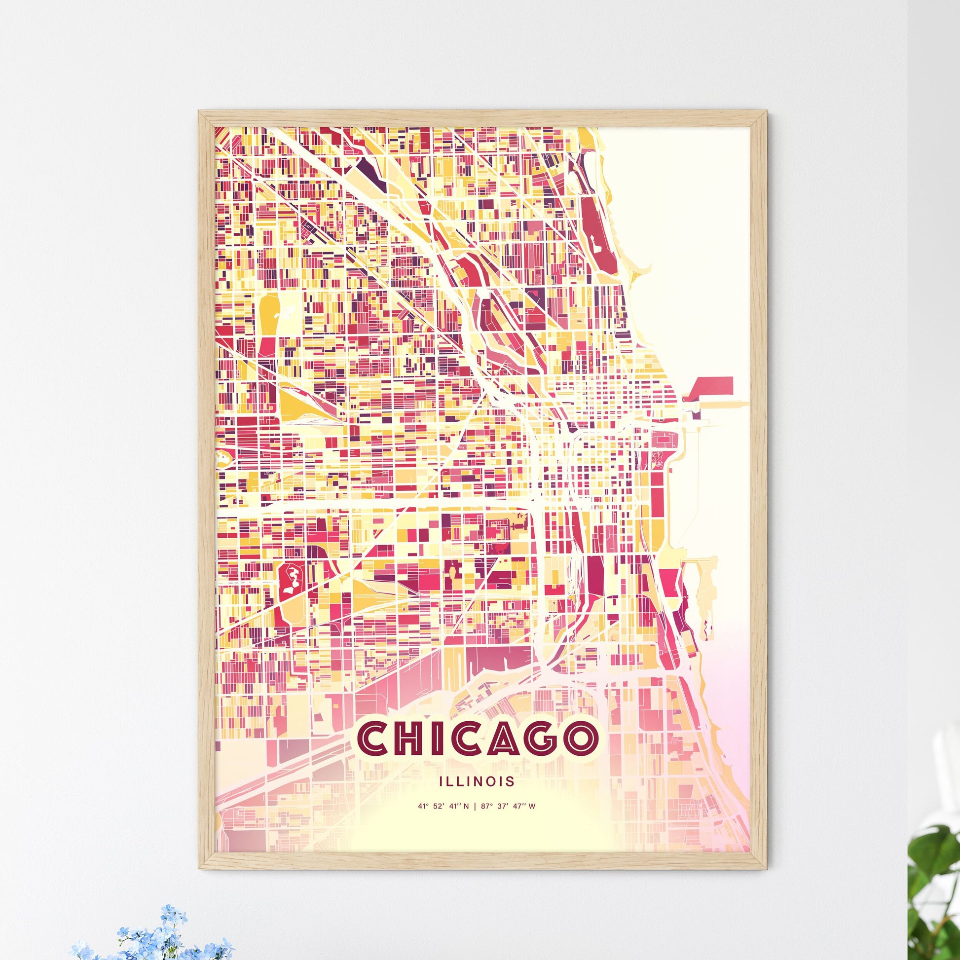 Colorful Chicago Illinois Fine Art Map Hot Red