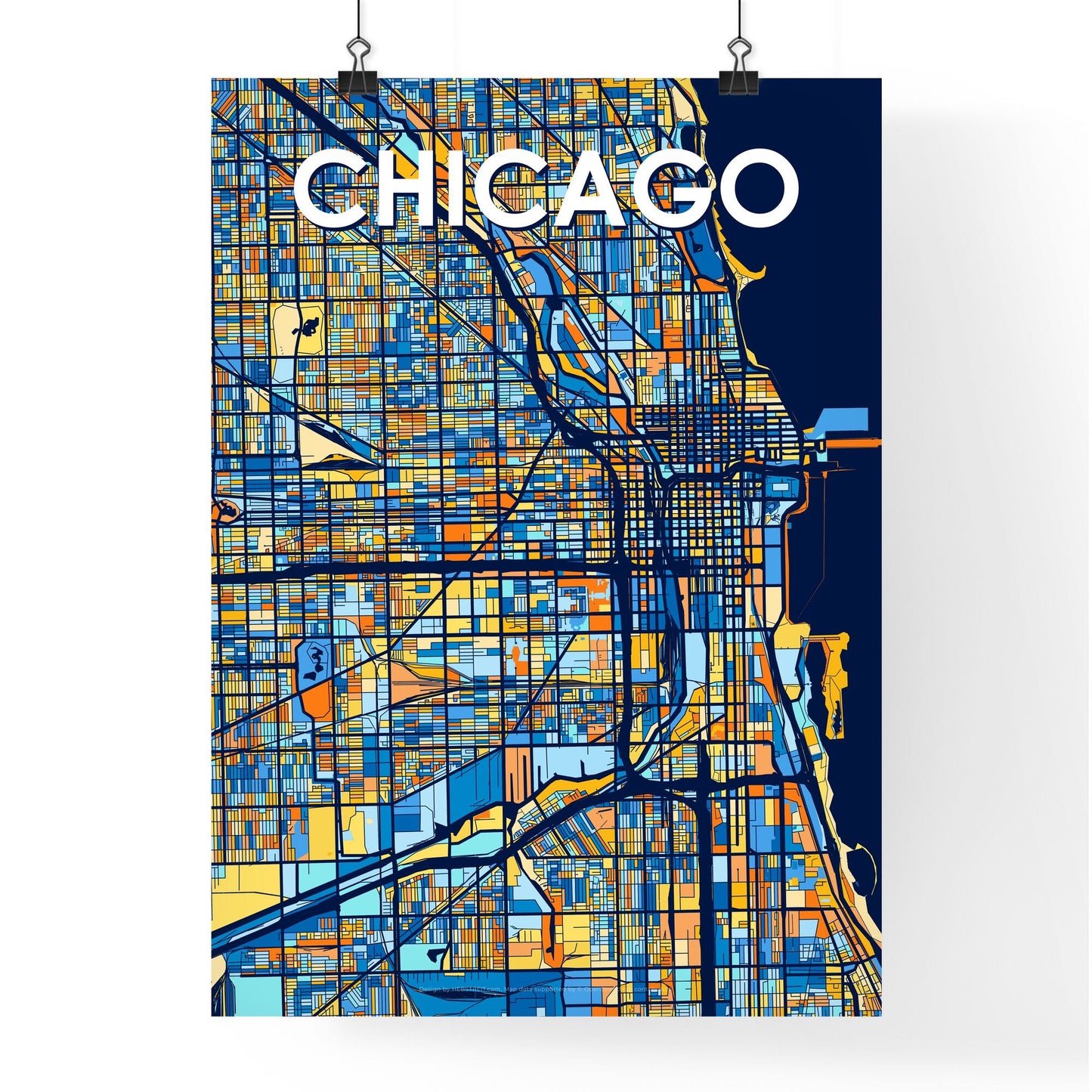 CHICAGO ILLINOIS Vibrant Colorful Art Map Poster Blue Orange