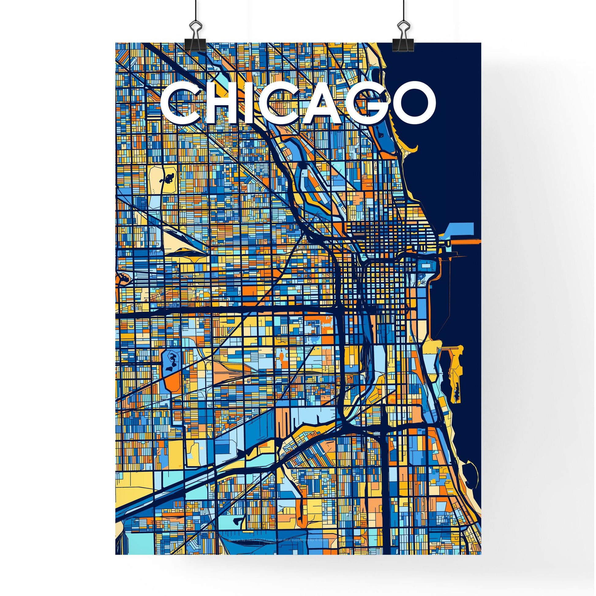 CHICAGO ILLINOIS Vibrant Colorful Art Map Poster Blue Orange