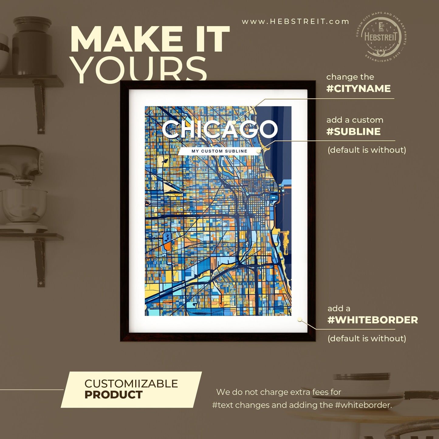 CHICAGO ILLINOIS Vibrant Colorful Art Map Poster Blue Orange