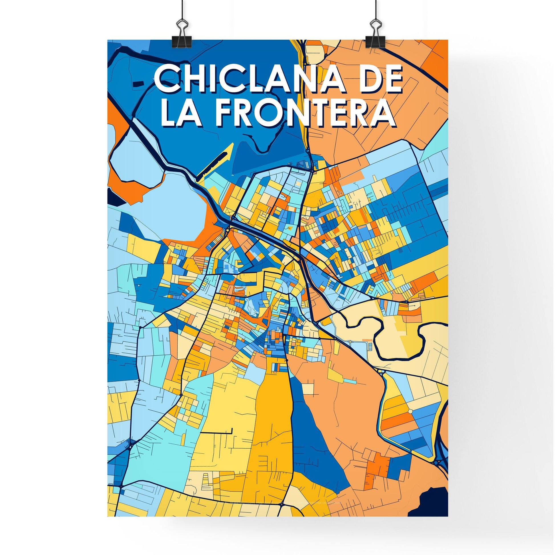 CHICLANA DE LA FRONTERA SPAIN Vibrant Colorful Art Map Poster Blue Orange