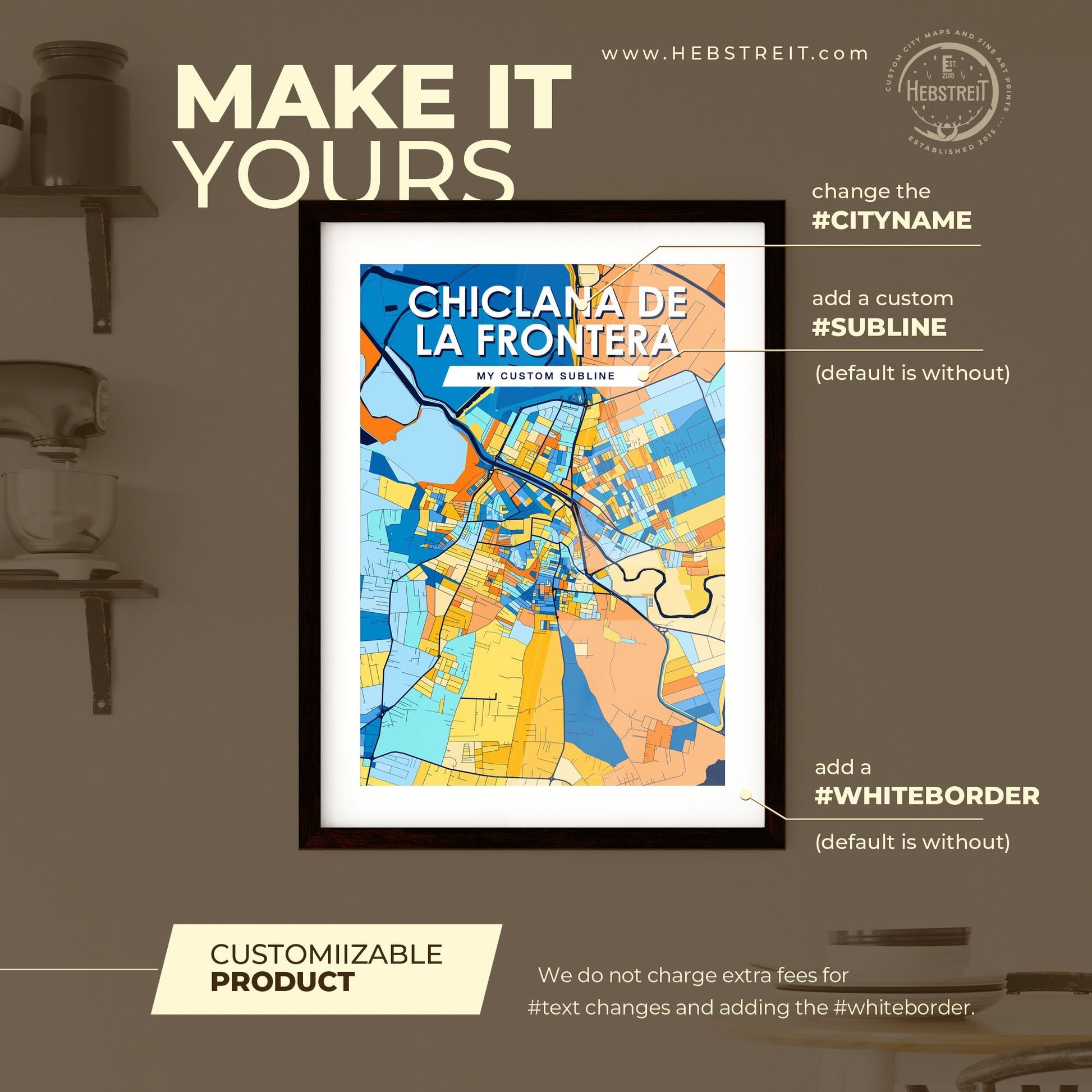 CHICLANA DE LA FRONTERA SPAIN Vibrant Colorful Art Map Poster Blue Orange