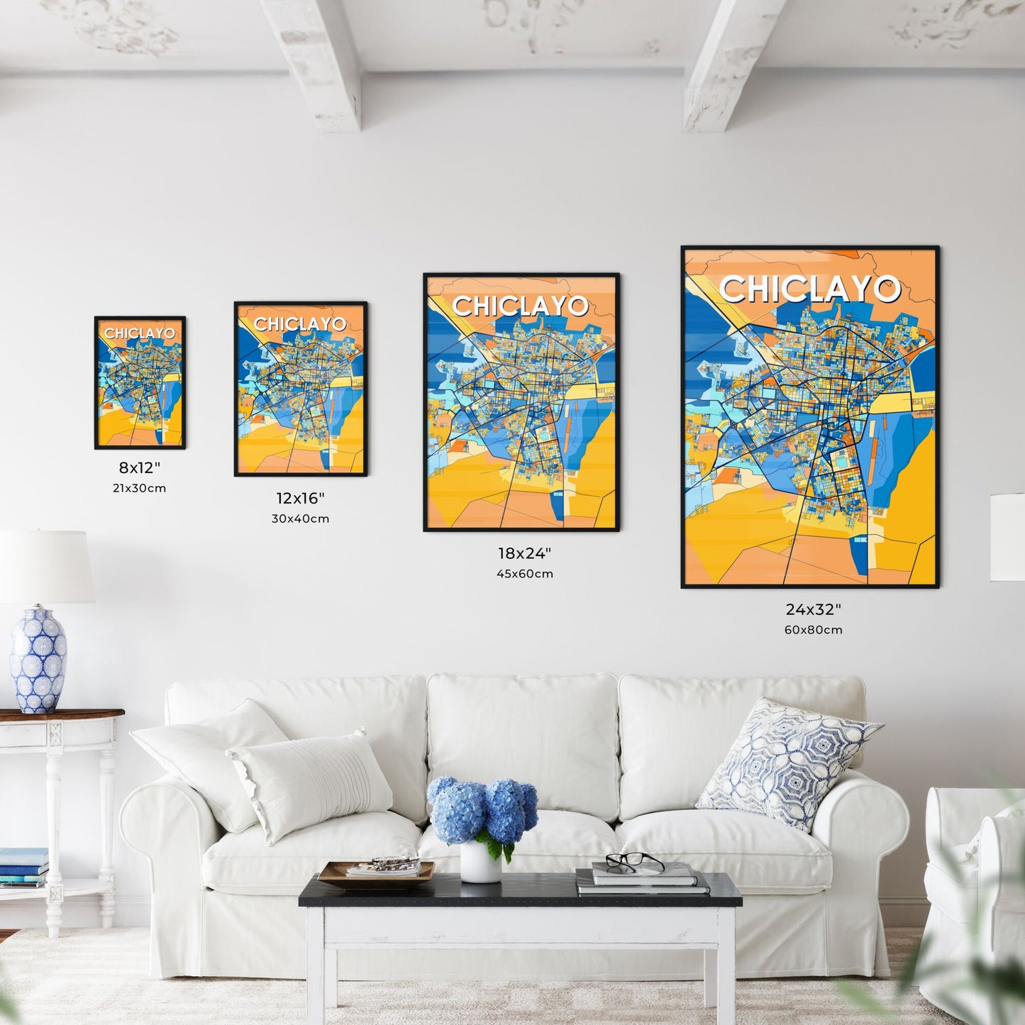 CHICLAYO PERU Vibrant Colorful Art Map Poster Blue Orange