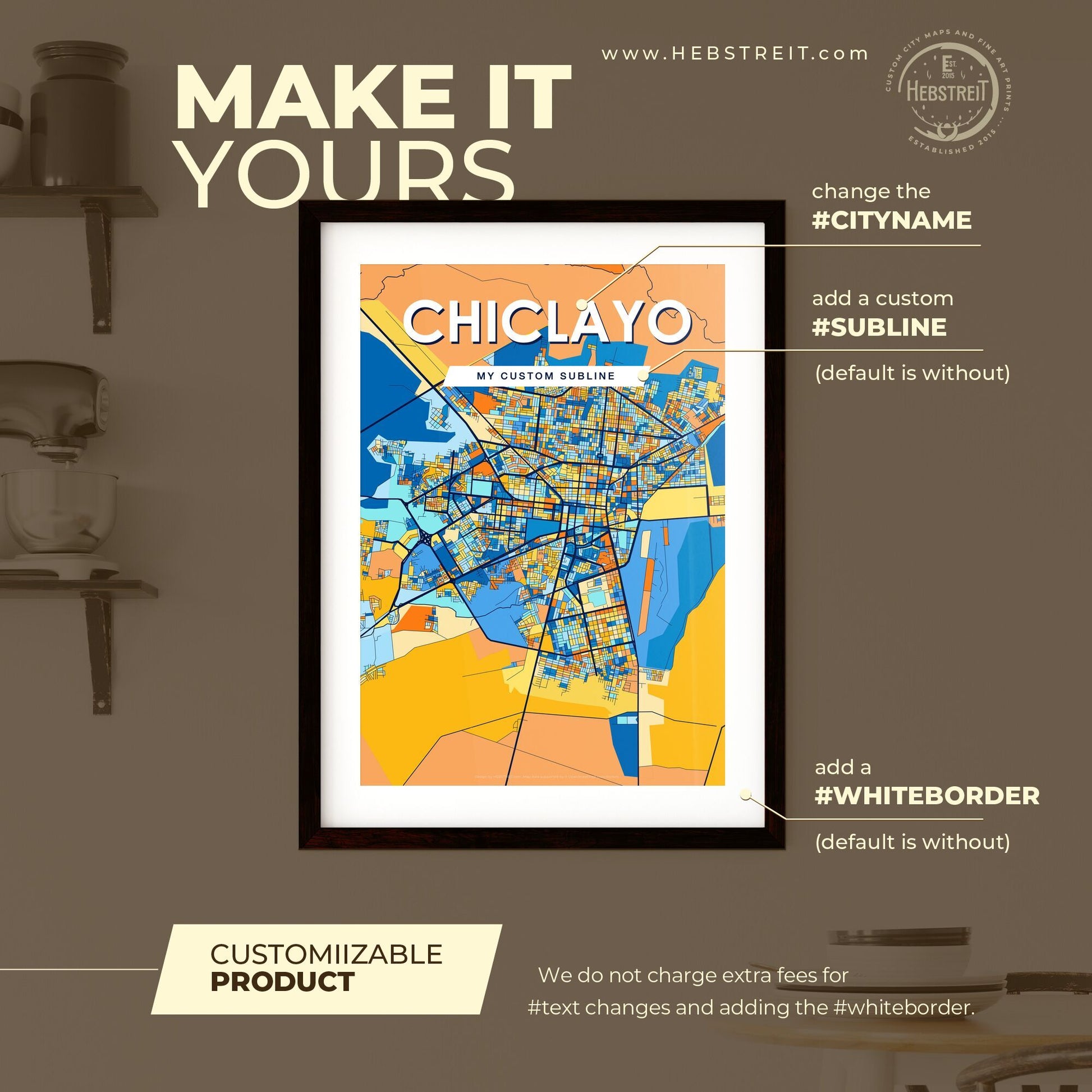 CHICLAYO PERU Vibrant Colorful Art Map Poster Blue Orange