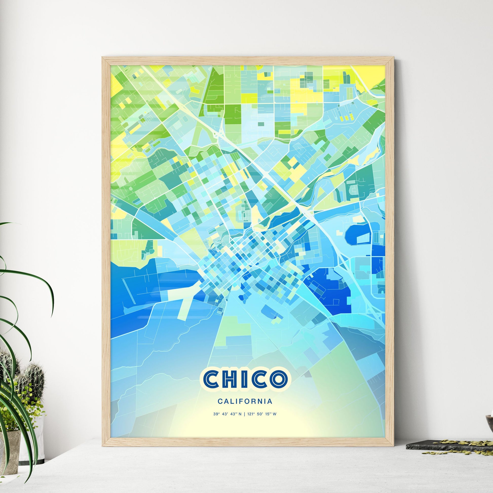 Colorful Chico California Fine Art Map Cool Blue