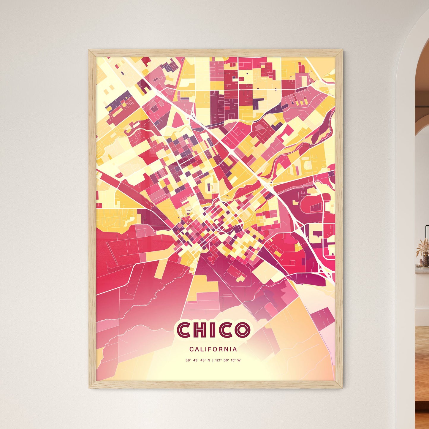 Colorful Chico California Fine Art Map Hot Red