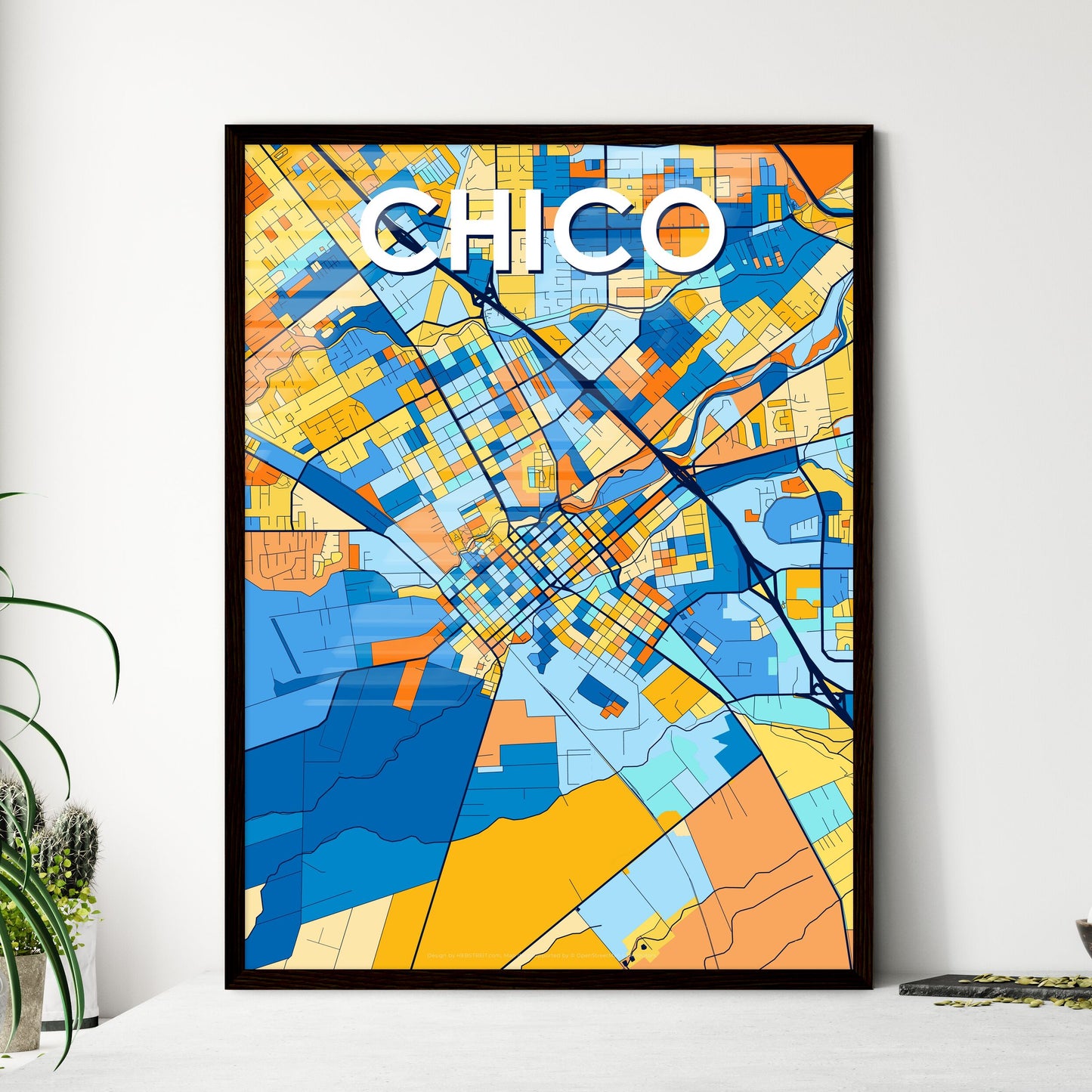 CHICO CALIFORNIA Vibrant Colorful Art Map Poster Blue Orange