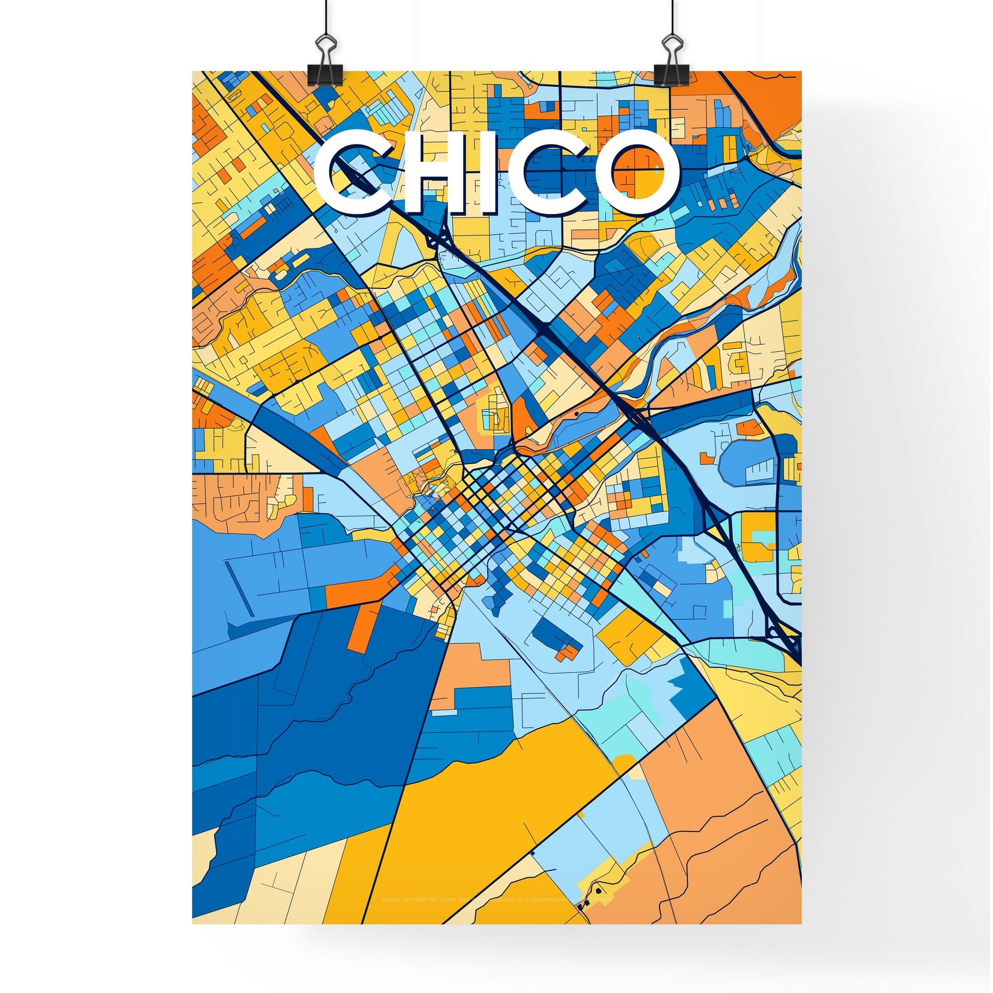 CHICO CALIFORNIA Vibrant Colorful Art Map Poster Blue Orange