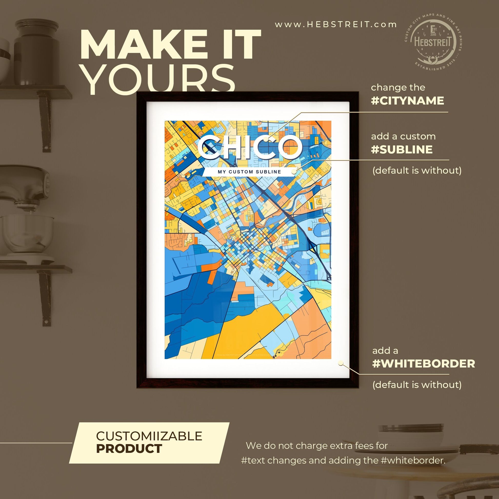 CHICO CALIFORNIA Vibrant Colorful Art Map Poster Blue Orange