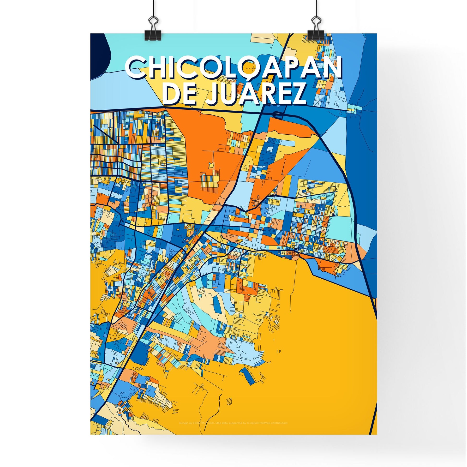 CHICOLOAPAN DE JUÁREZ MEXICO Vibrant Colorful Art Map Poster Blue Orange
